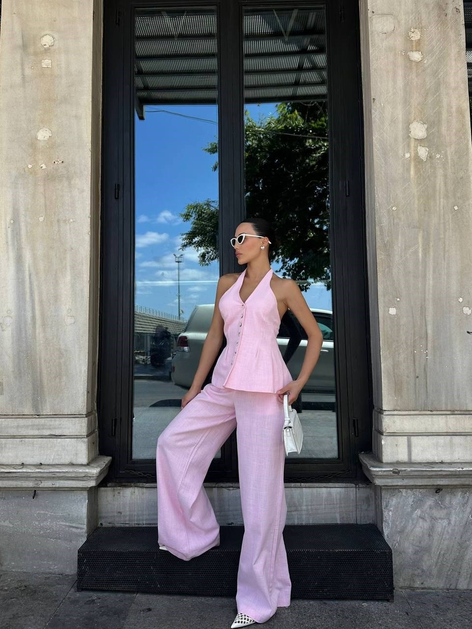 pembe keten pantalon takım