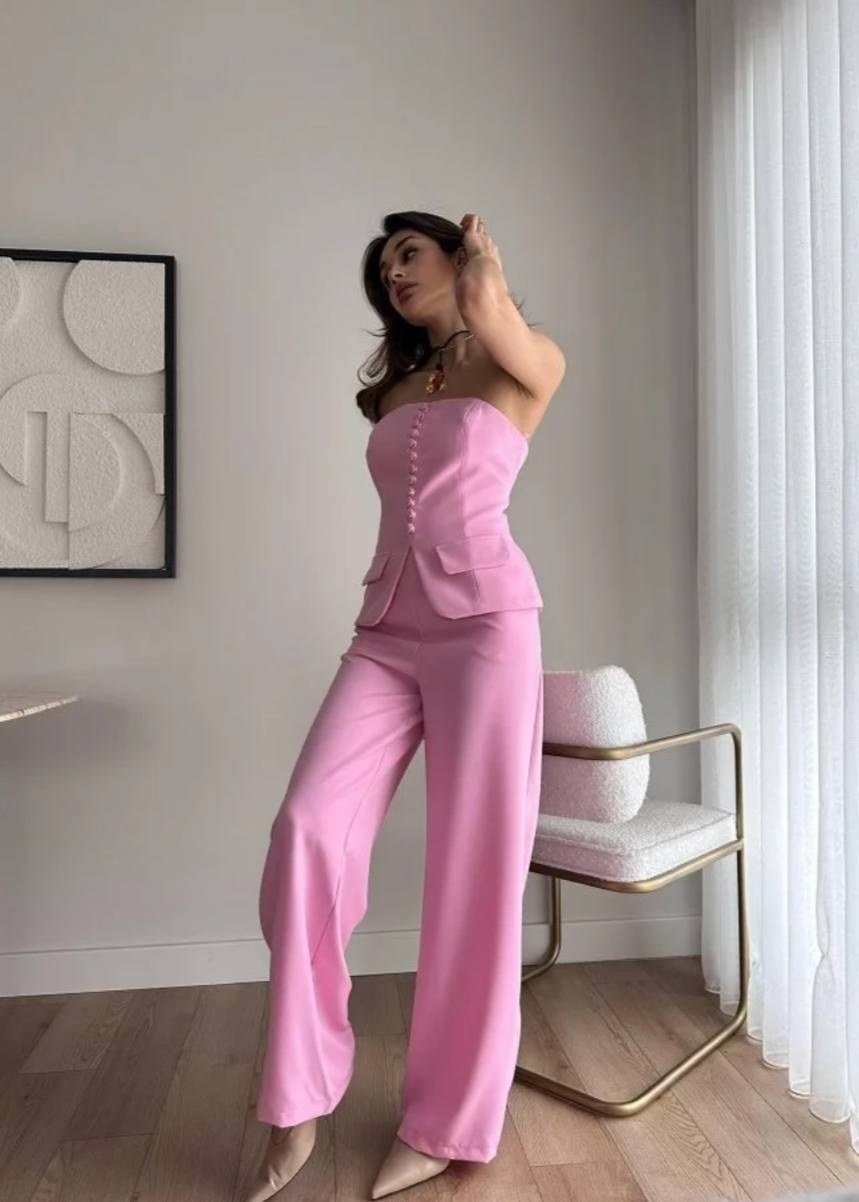 Straplez Düğme Detaylı Alt Üst Takım - Pembe