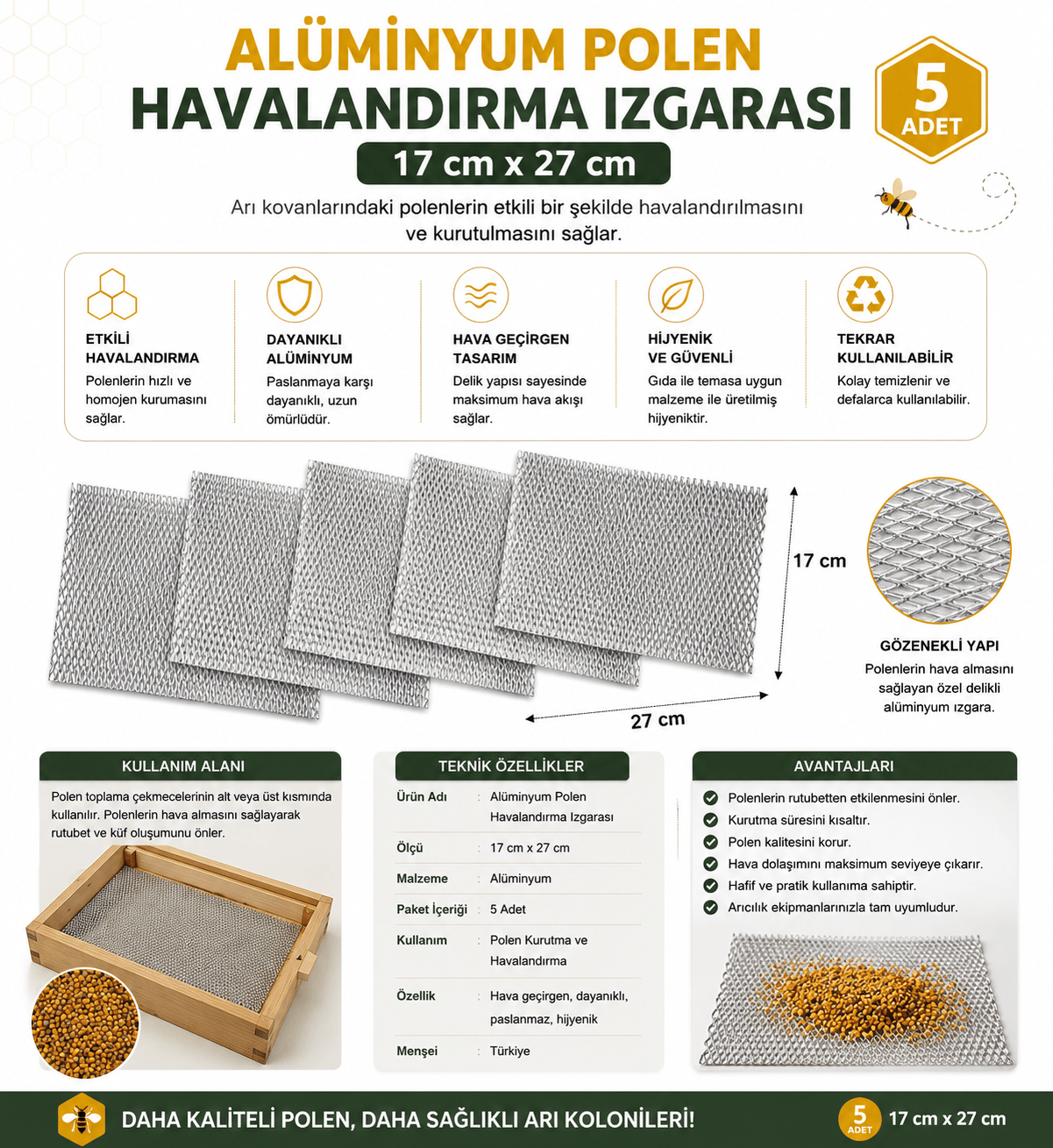 ALÜMİNYUM POLEN HAVALANDIRMA IZGARASI 17 × 27 CM (5 ADET) - YT00025