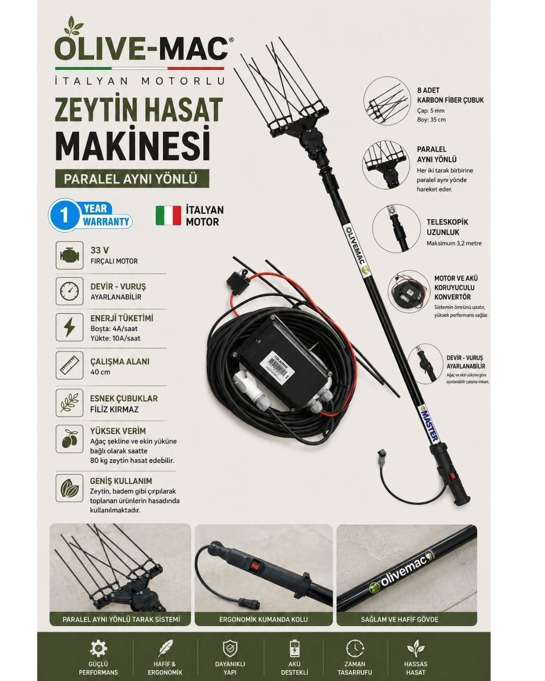 Olive-Mac İtalyan Motorlu Paralel Zeytin Hasat Makinesi 33V – 1 Yıl Motor Garantili