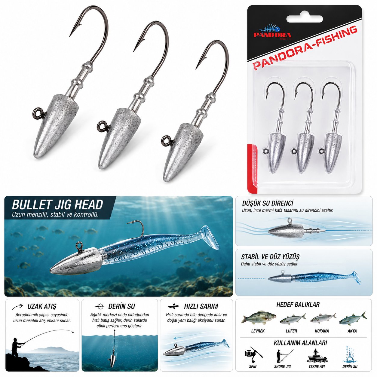 PANDORA UZUN MERMİ KAFA JIG HEAD 3'LÜ SET - SC001