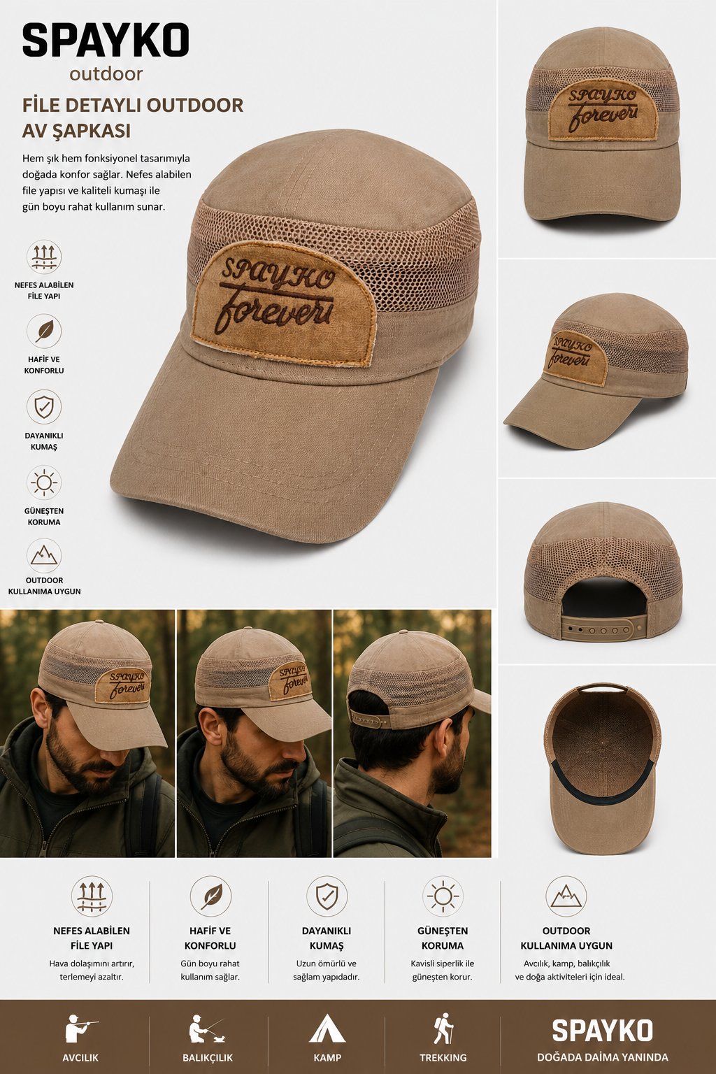 SPAYKO FOREVER CAMEL DERİ ETİKETLİ FİLELİ OUTDOOR ŞAPKA - NT02177E