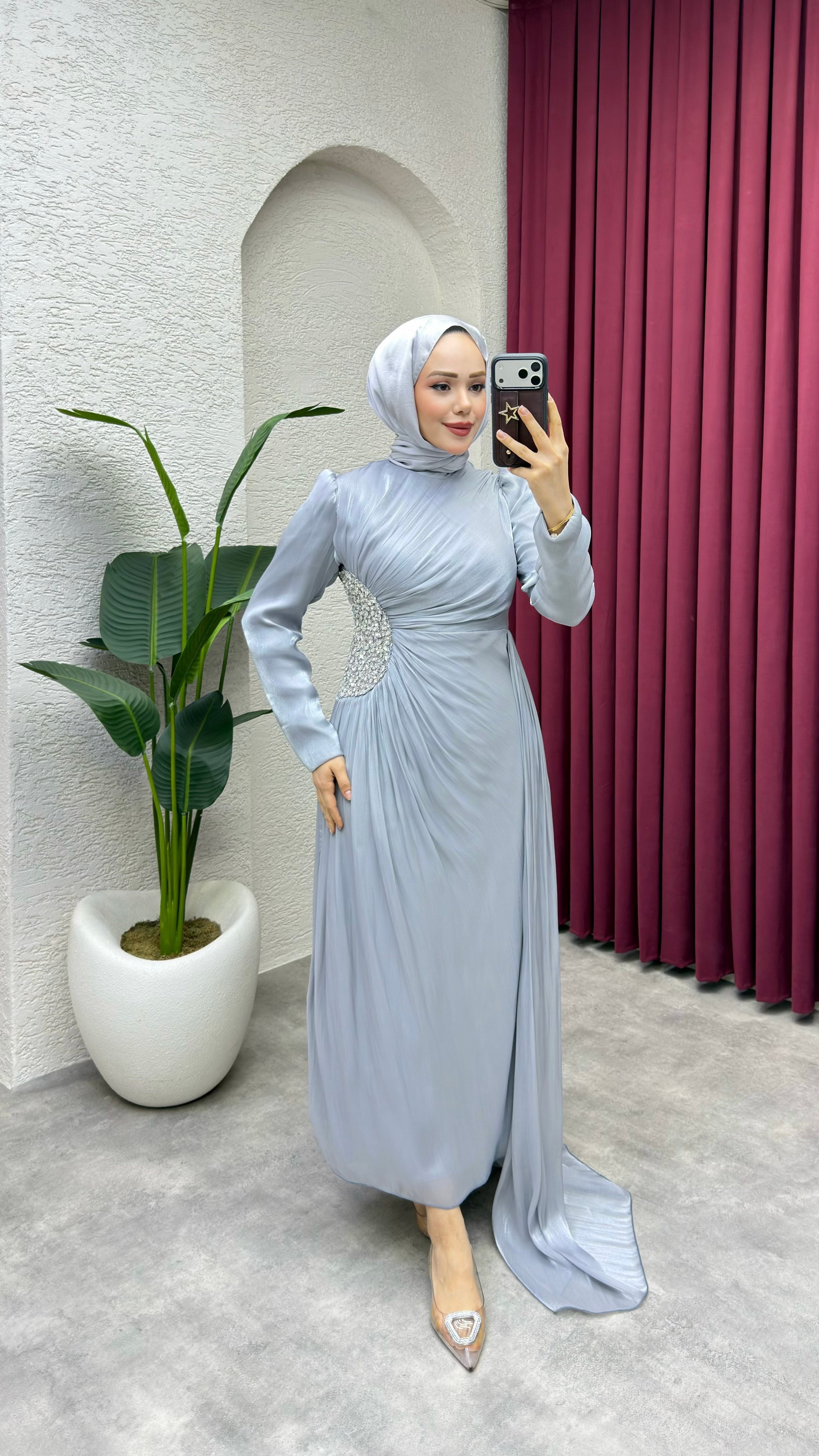 Ahu Beli Taşlı Janjan Abiye 8082 Gri