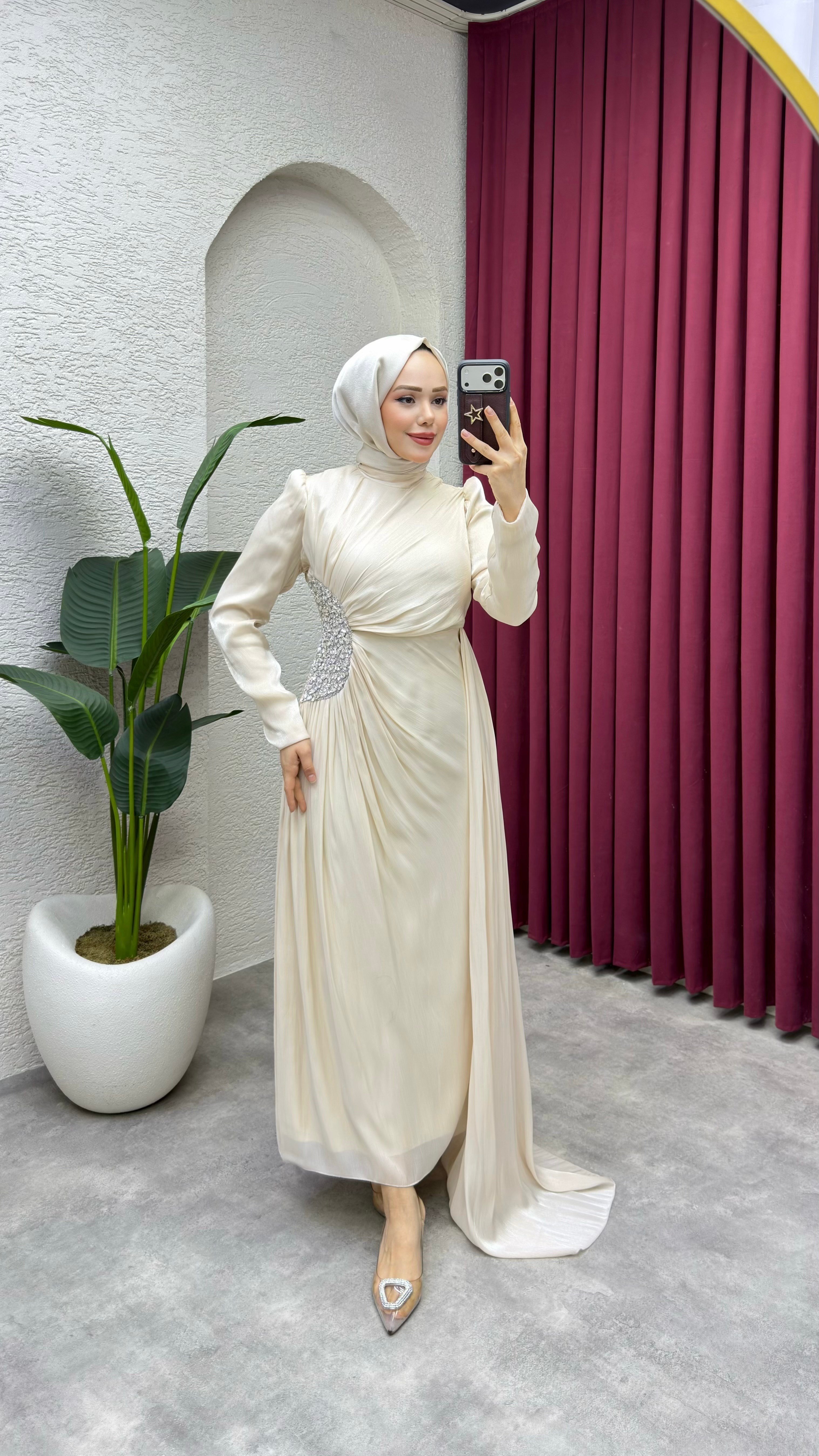 Ahu Beli Taşlı Janjan Abiye 8082 Vizon