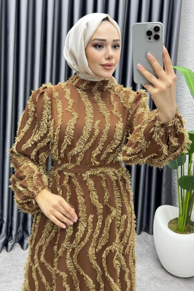 Eliza Püsküllü Elbise 6227 Kahverengi