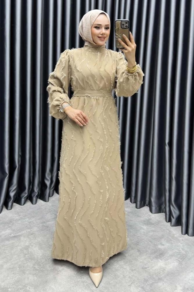 Eliza Püsküllü Elbise 6227 Vizon