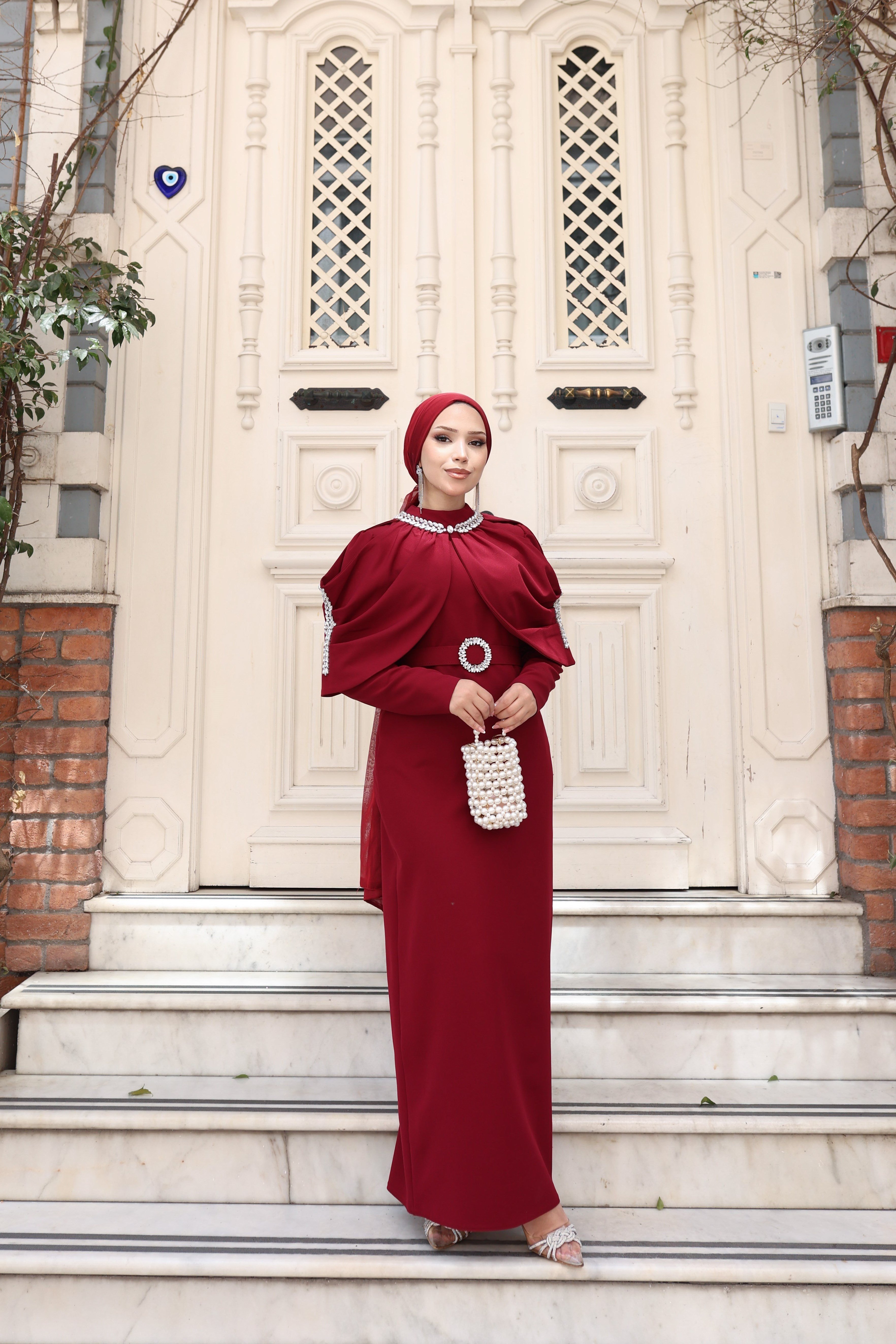 Sare Seyyar Pelerinli Elbise 8042 Bordo
