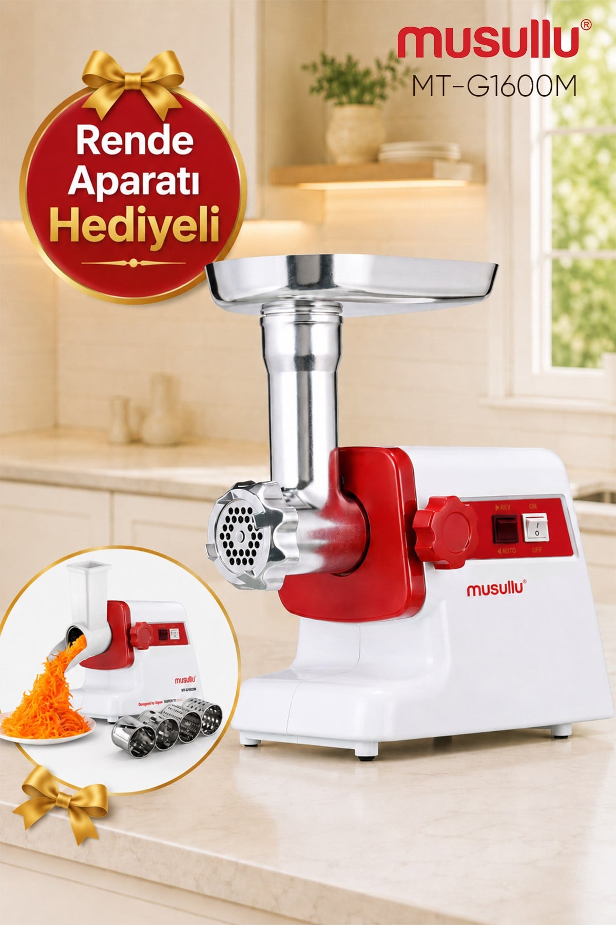 1600w MT-G1600M Süper Turbo Et Kıyma Makinesi , Rende Başlıkları Hediyeli