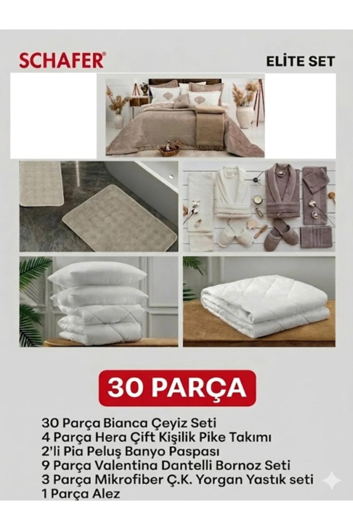 Anna 30 Parça Çeyiz Seti Bornoz Pike Takımı Yorgan Yastık Paspas Alez Seti Ekru Renk