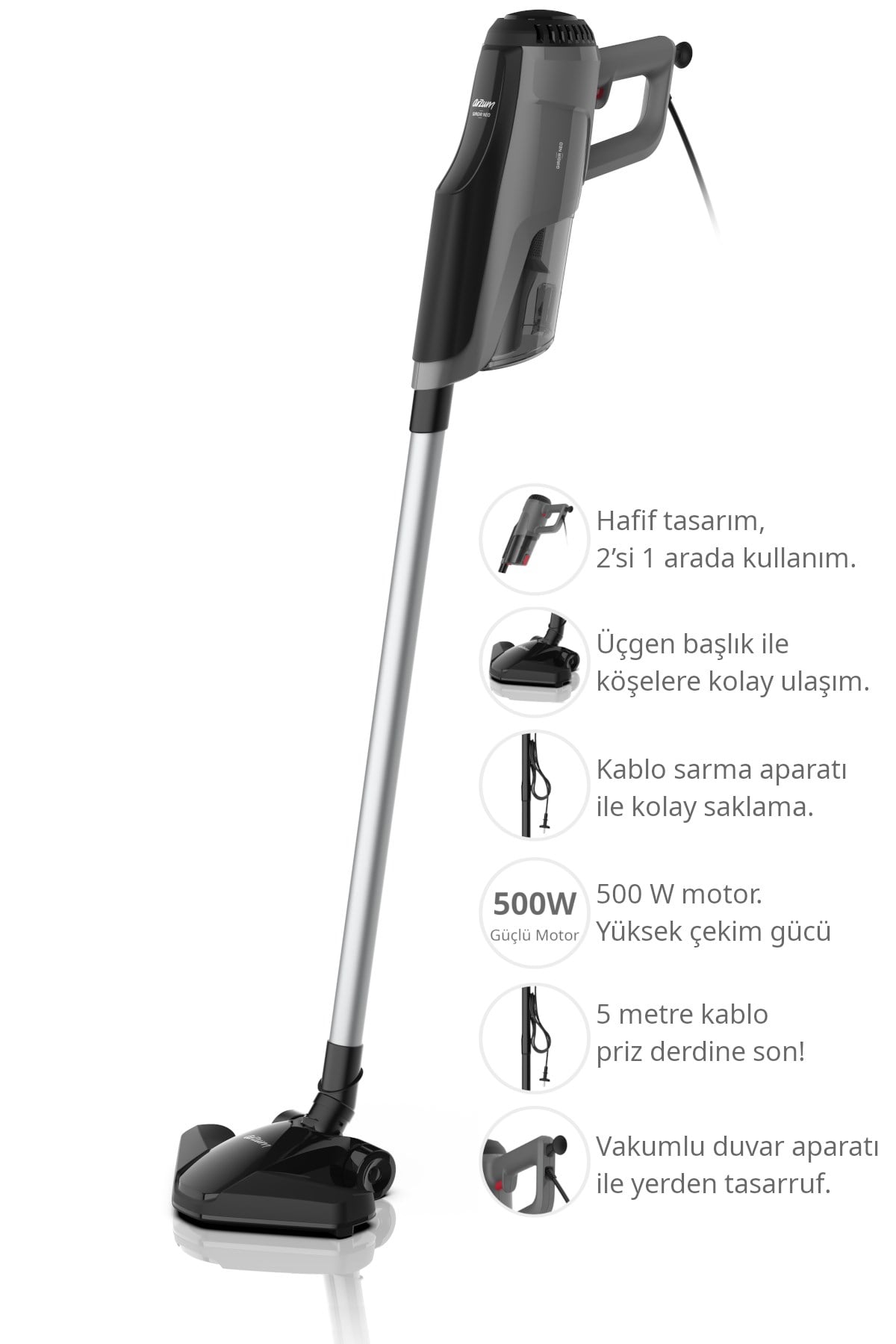 AR4111 Gırgır Neo 2'si 1 Arada Toz Torbasız Dikey Elektrikli Süpürge 1 L Toz haznesi, 500W, Siyah