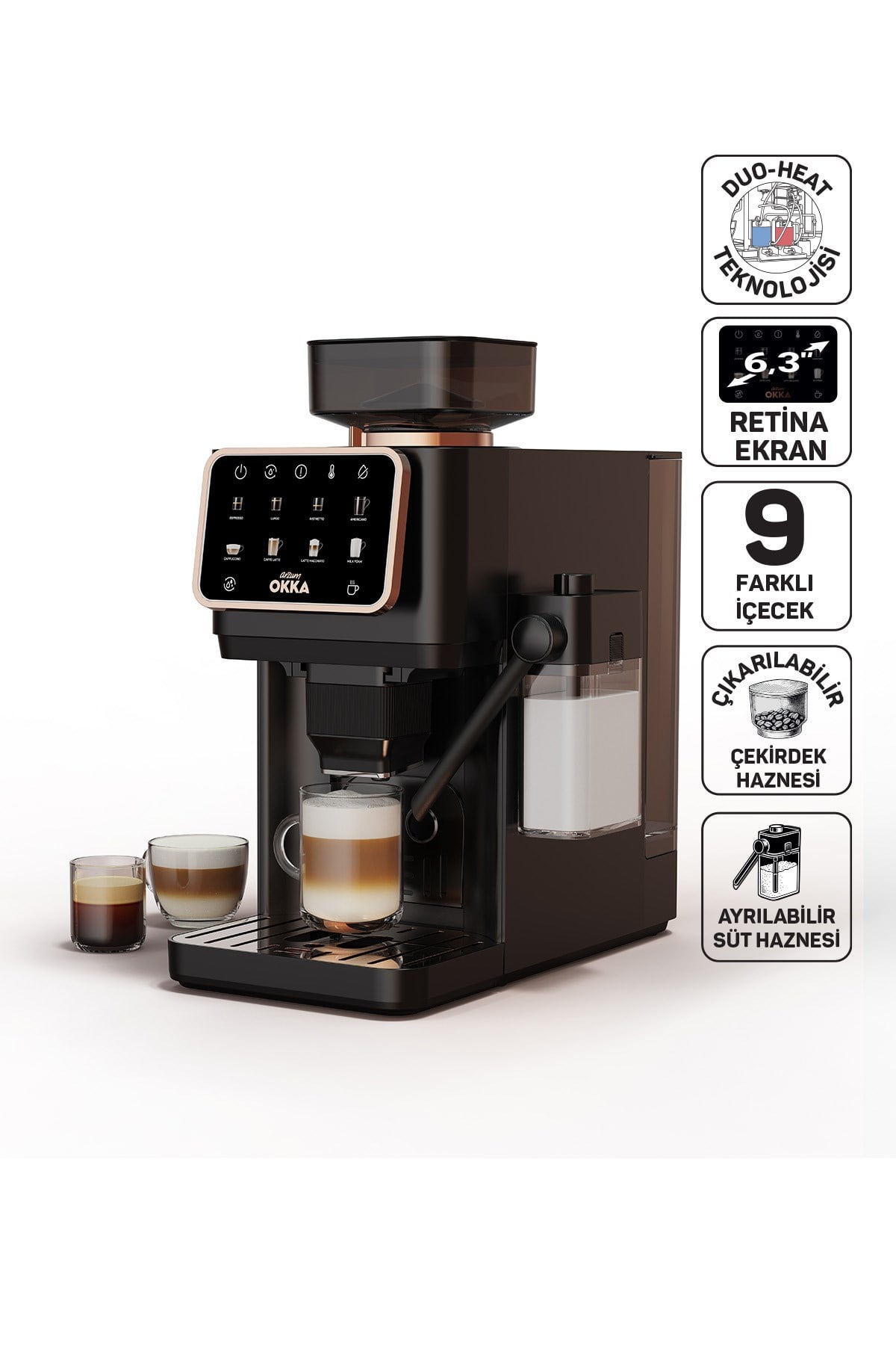 OK0042 Okka Barista Pro Otomatik Espresso Makinesi 1400W, Duo Heat Teknolojisi, Bakır