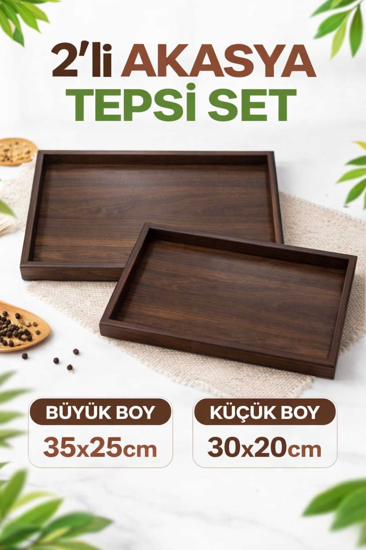 2'li Akasya Ahşap Sunum ve Dekoratif Organizer Tepsi Seti