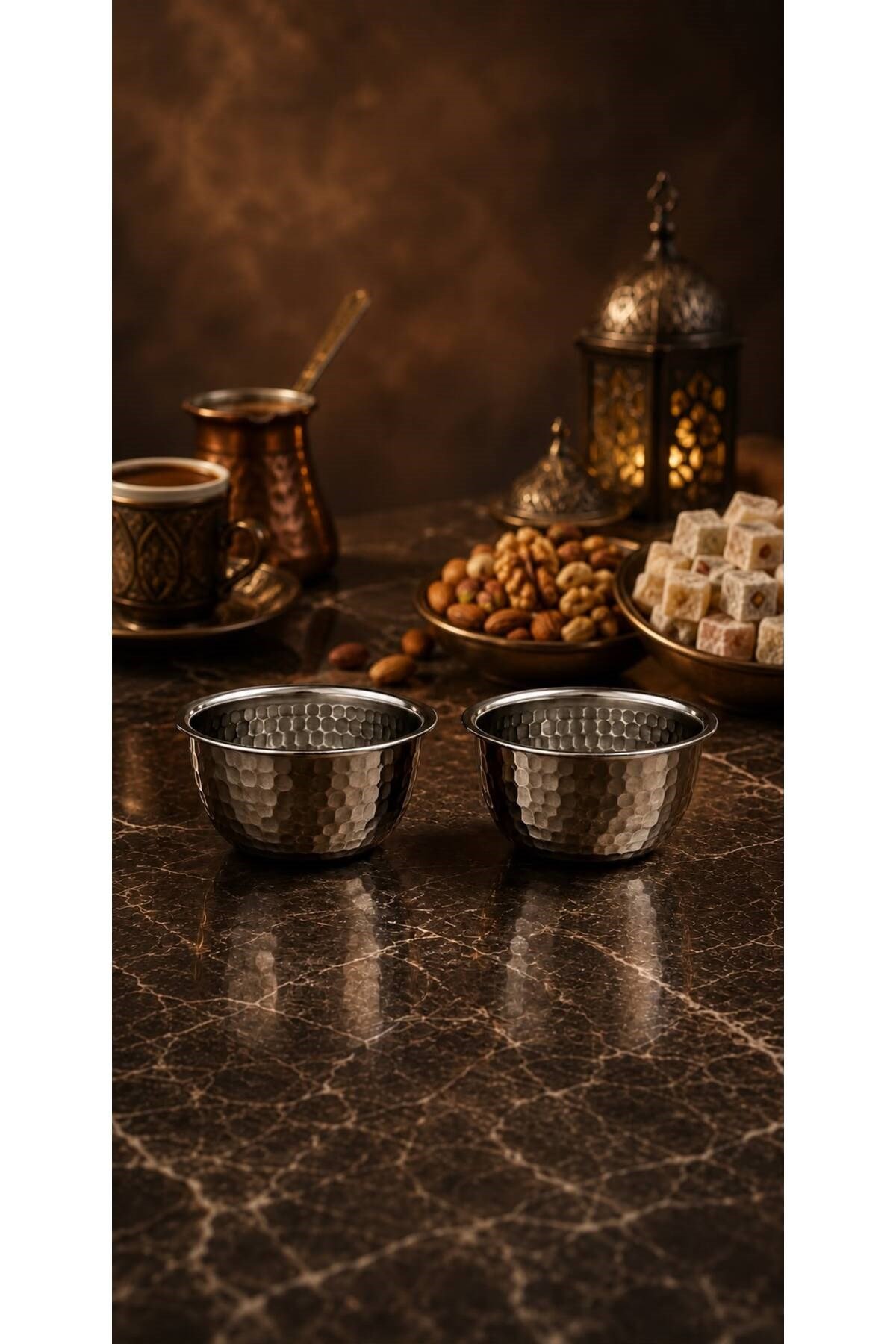 2'li Gümüş Dövme Desen Paslanmaz Metal Çerezlik & Lokumluk - Dövme Desenli Gümüş Sunum Kasesi 240ml