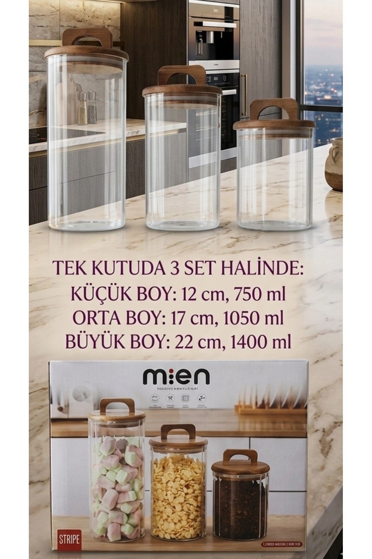 3’lü Akasya Kapaklı Cam Kavanoz Seti – Vakumlu / Erzak, Bakliyat & Kahve Saklama