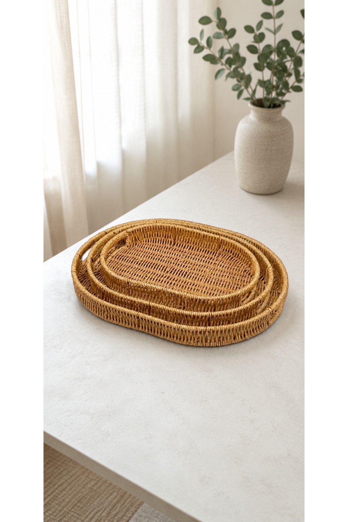 3’lü Rattan Oval Tepsi Seti – Hasır Servis & Sunum Tepsisi - 3'lü Rattan Servis Sunum Tepsisi Oval Model 40 x 30