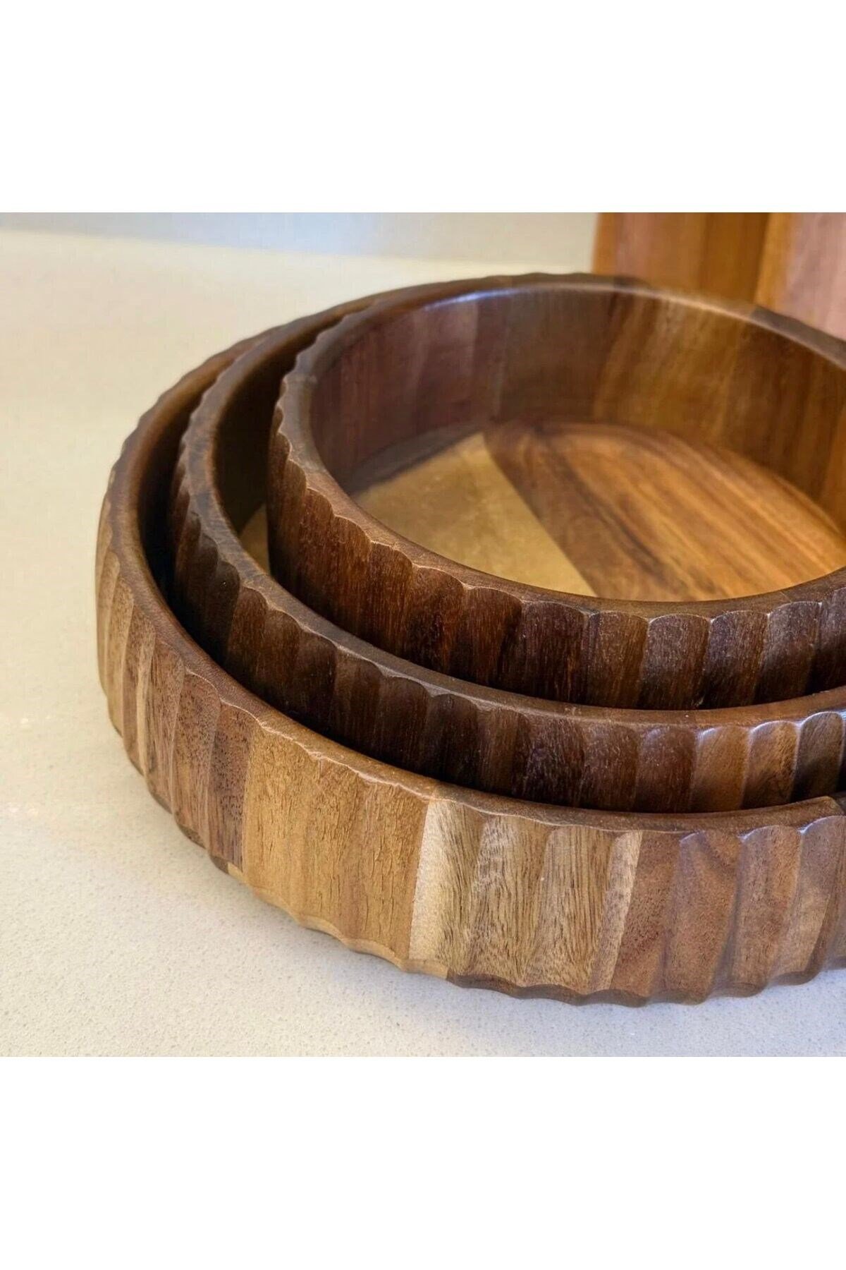 3'lü Akasya Kase Seti- 3lü Akasya Oyuklu Mien Curve Bowl Kase-Akasya Derin Tabak Salata Çerezlik Kase Seti