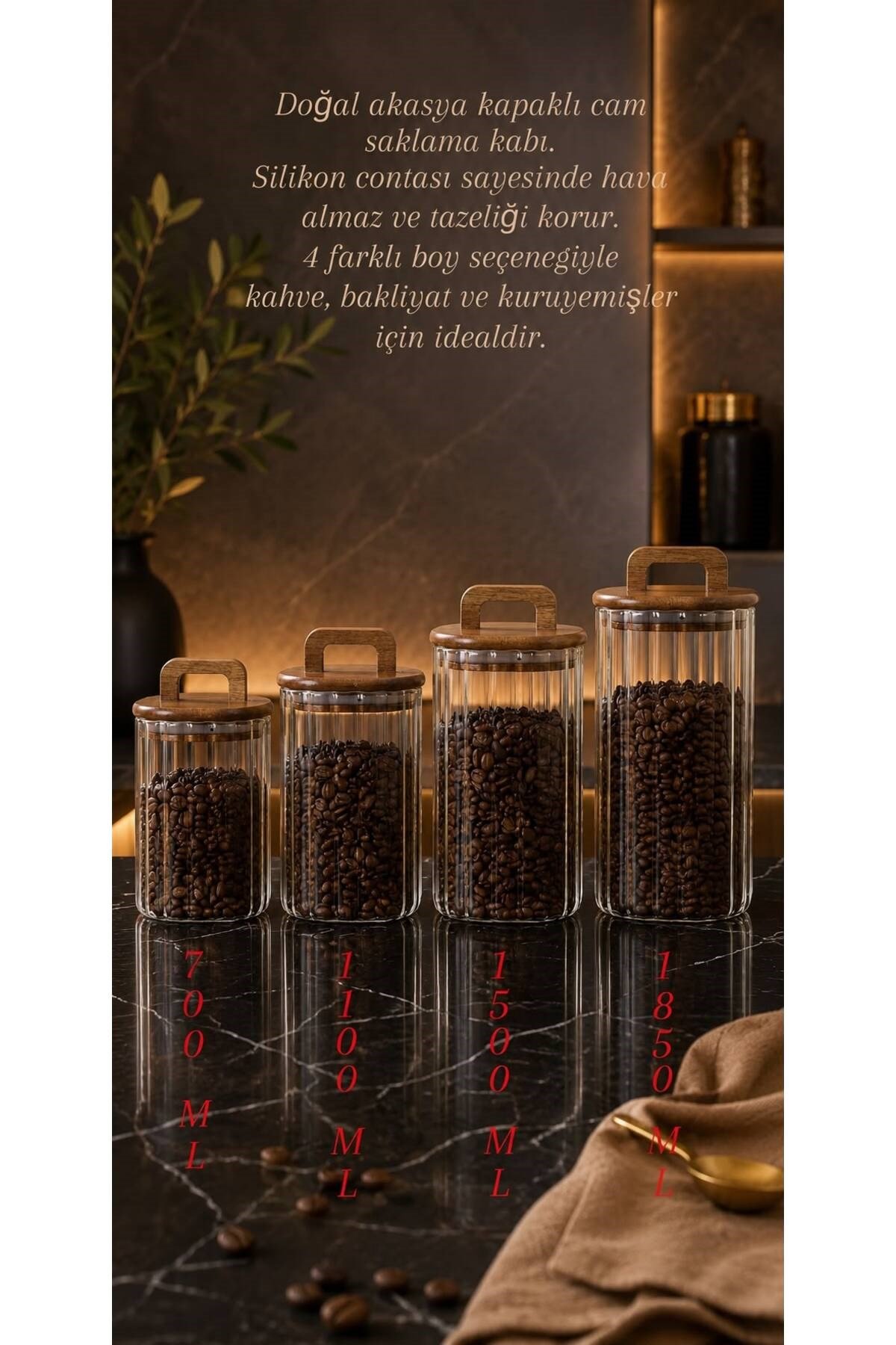 4 Boy Akasya Kapaklı Kavanoz Seti - 700 ml-1100 ml-1500 ml-1850 ml - Kavanoz Seti Saklama Kabı