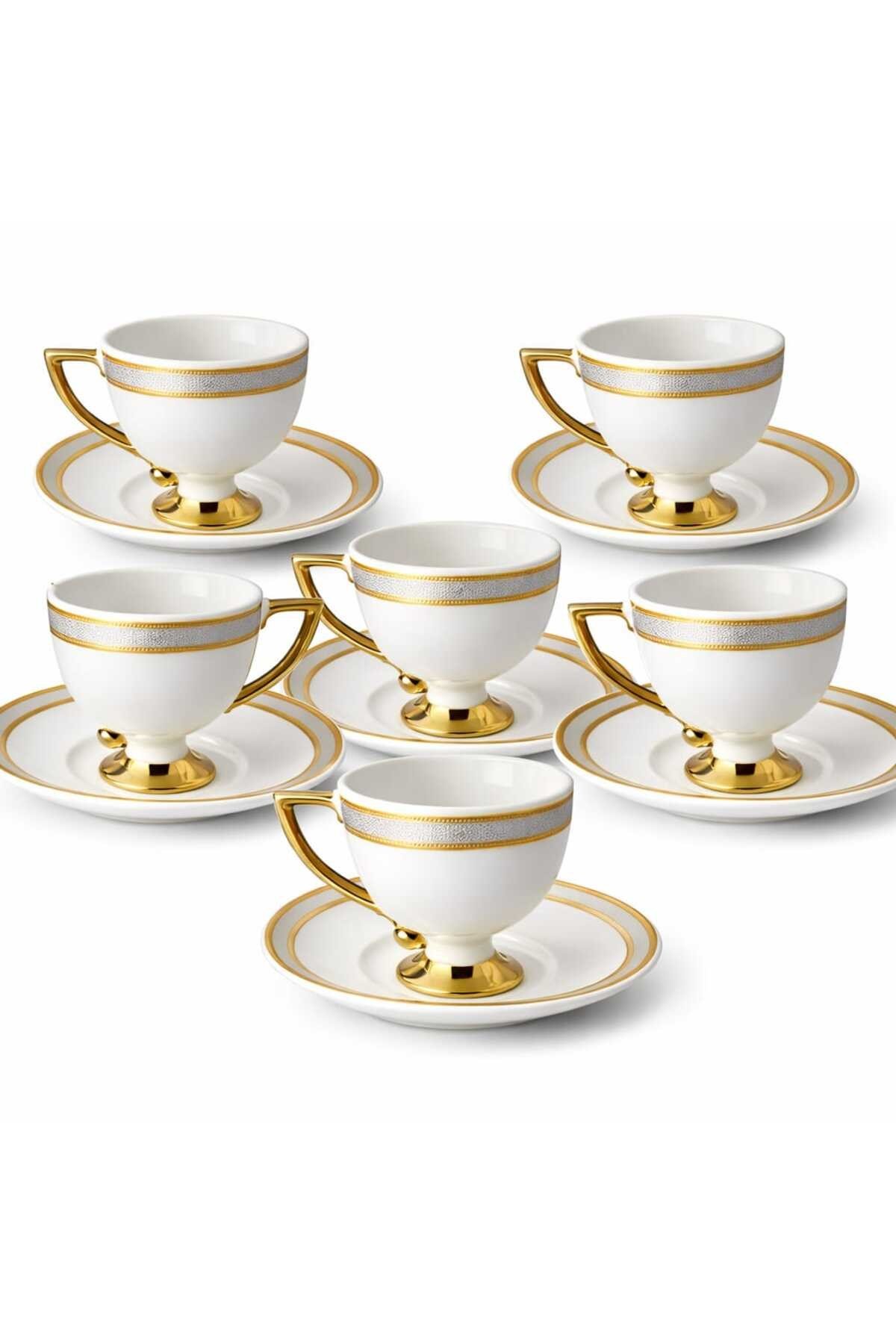 6 Kişilik Gold Gümüş Detaylı Kahve Fincanı Takımı- Buenos Gümüş Desenli Porselen Fincan Seti