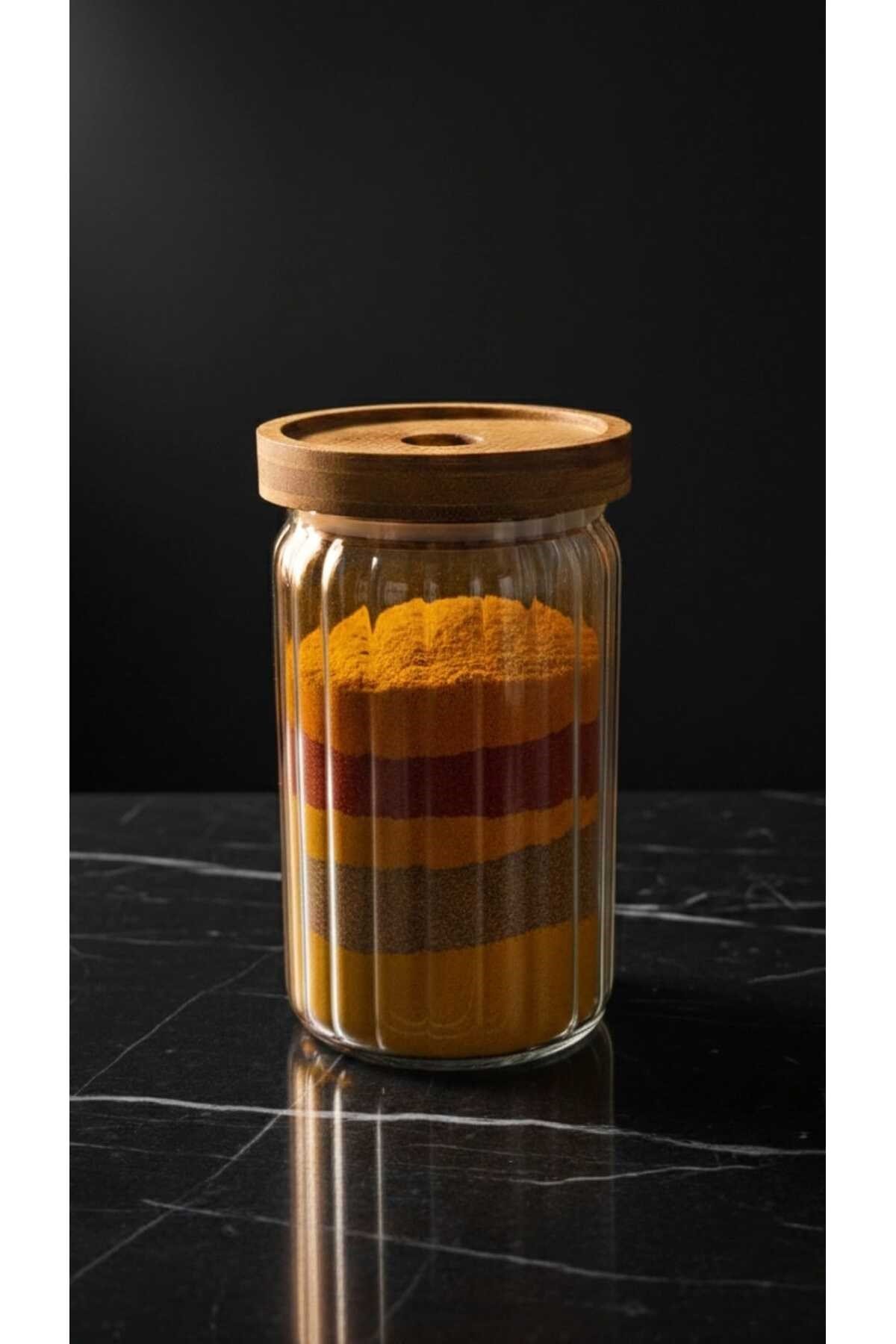 750 ml Akasya Kapaklı Yuvarlak Cam Kavanoz – Yuvarlak Baharat & Erzak Saklama Kabı