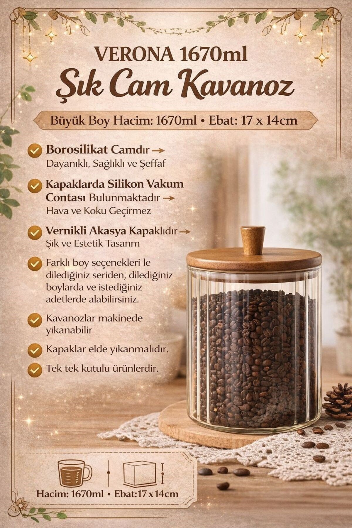 Akasya Cam Kavanoz 1670 ml-Akasya Kapaklı Büyük Boy Kavanoz-Mien Baharat, Bakliyat, Kahve Kavanozu