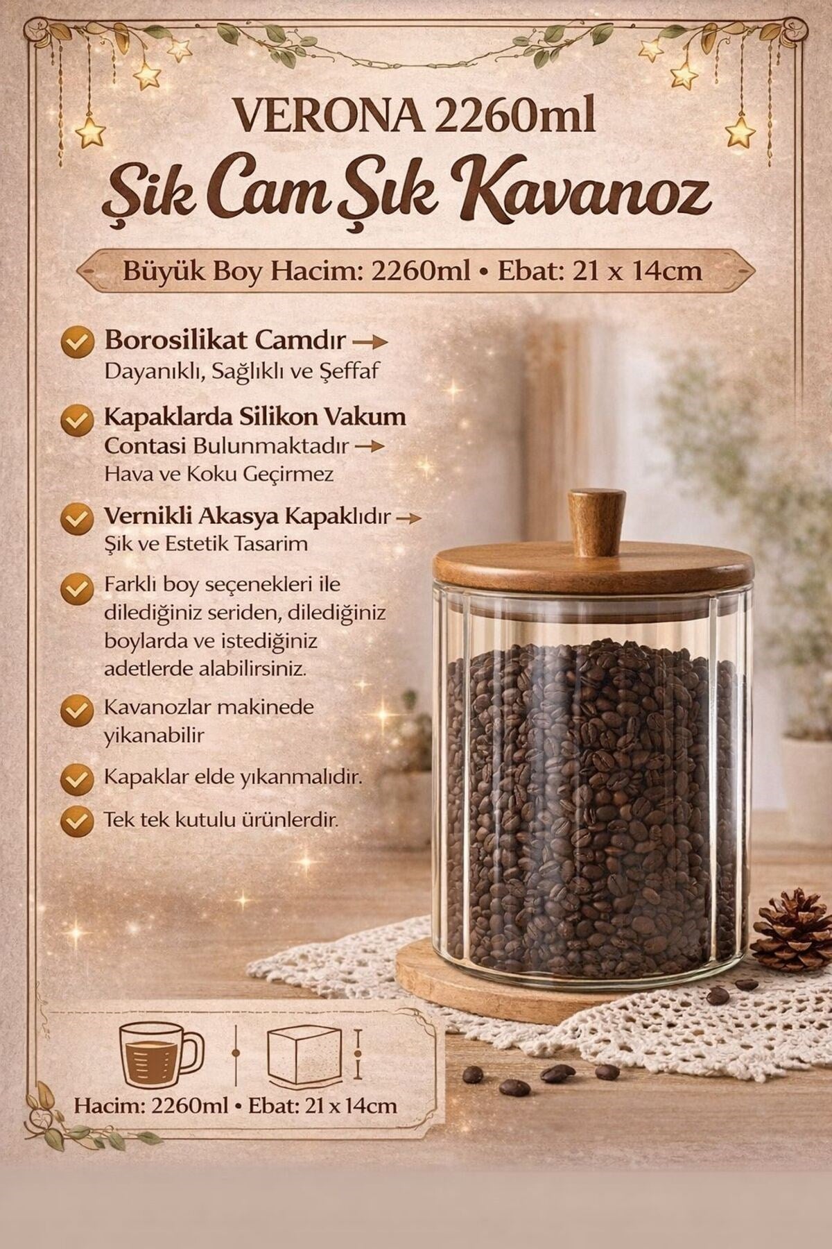 Akasya Cam Kavanoz 2260 ml-Akasya Kapaklı Büyük Boy Kavanoz-Mien Baharat, Bakliyat, Kahve Kavanozu