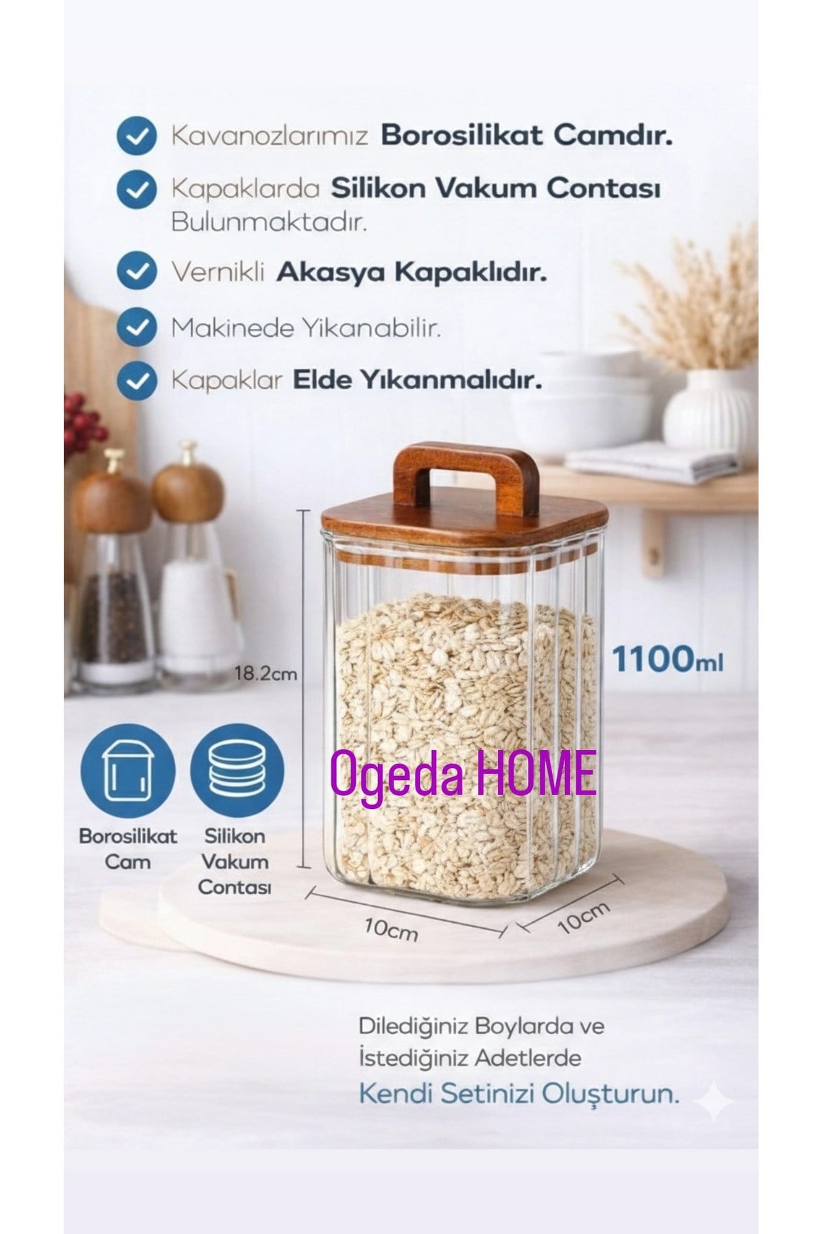 Akasya Kapaklı Cam Kavanoz 1100 ML – Büyük Boy Kahve & Bakliyat Saklama Kabı – Ahşap Kapaklı Kavanoz