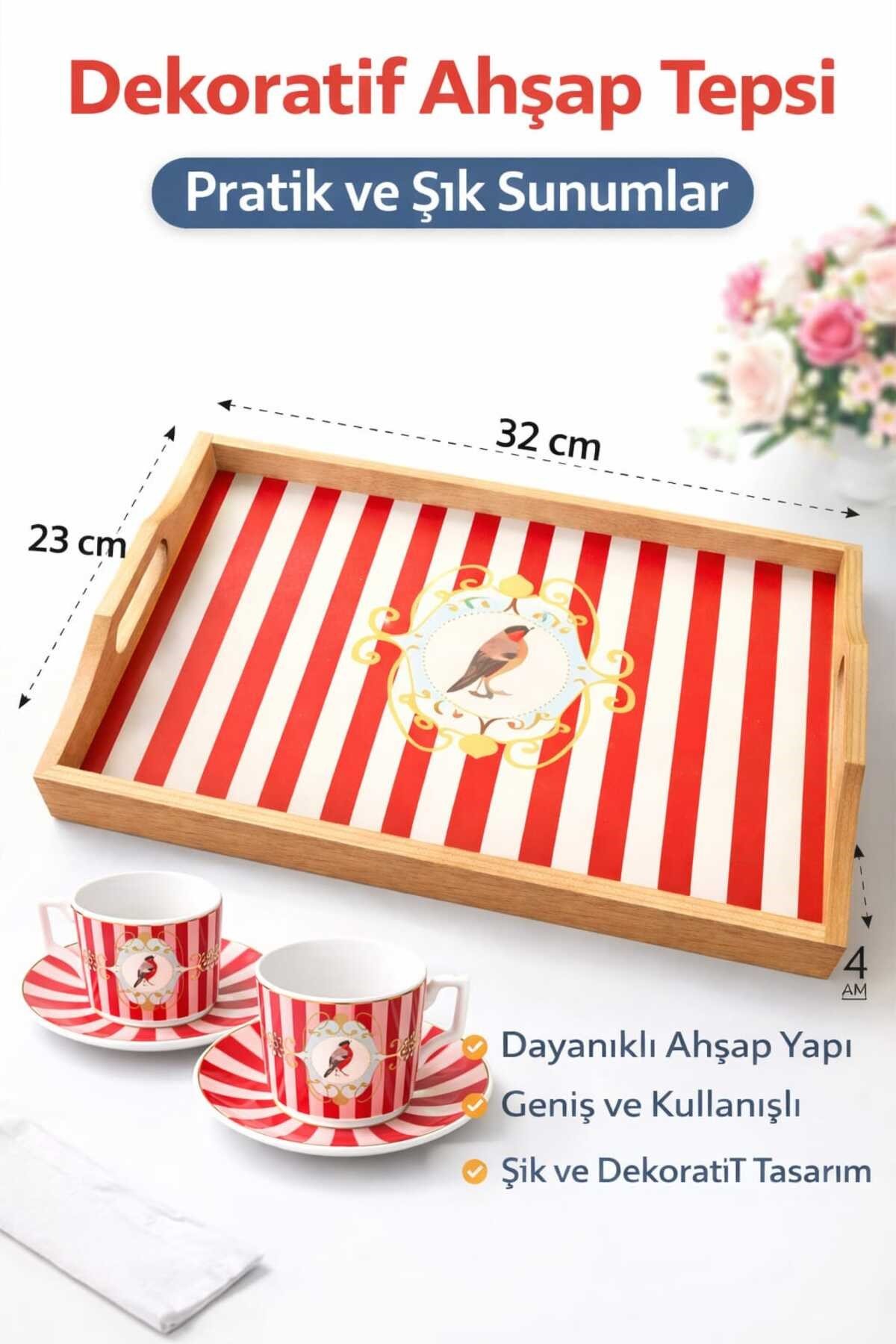Bambu Ahşap Kuş Desenli Sunum Tepsisi - Kuş Desenli Kırmızı Sunum Tepsisi