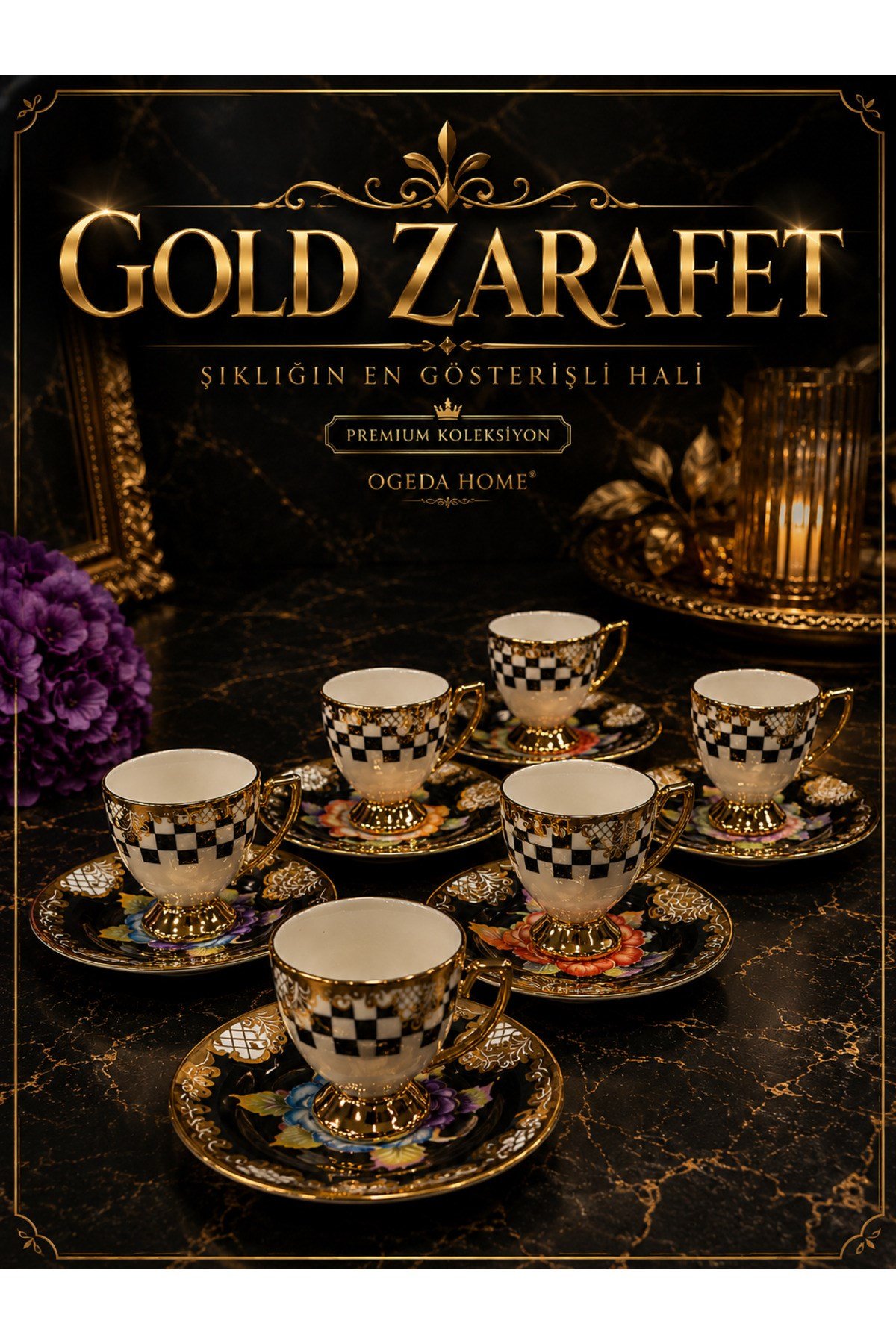 Gold Ayaklı Renkli Dama Desenli 6’lı Türk Kahve Fincan Takımı Porselen-Balsa Fincan Takımı