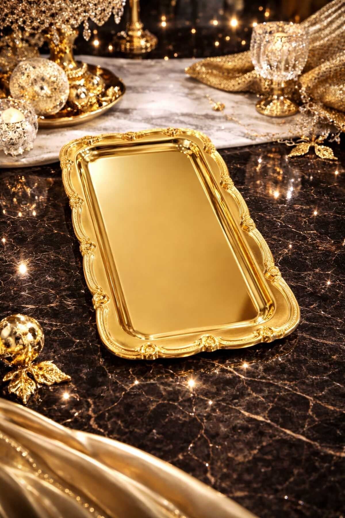 Gold Nişan Tepsisi Dikdörtgen Sunum Tepsisi – Söz & Nişan Yüzük Tepsisi, Kahve Sunum Tepsisi