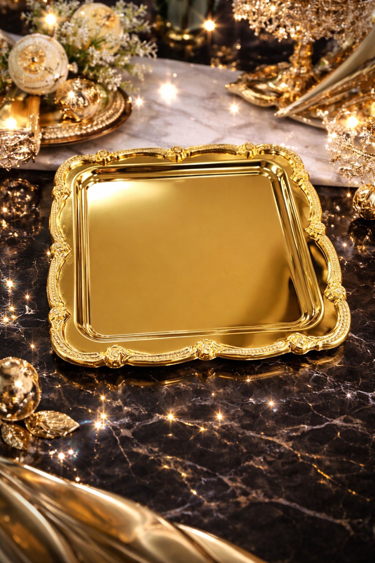 Gold Üzeri Gold Gül Figürlü Sunum Tepsisi– Tek Kişilik Dekoratif Kare Servis Kahve Çay Tepsisi