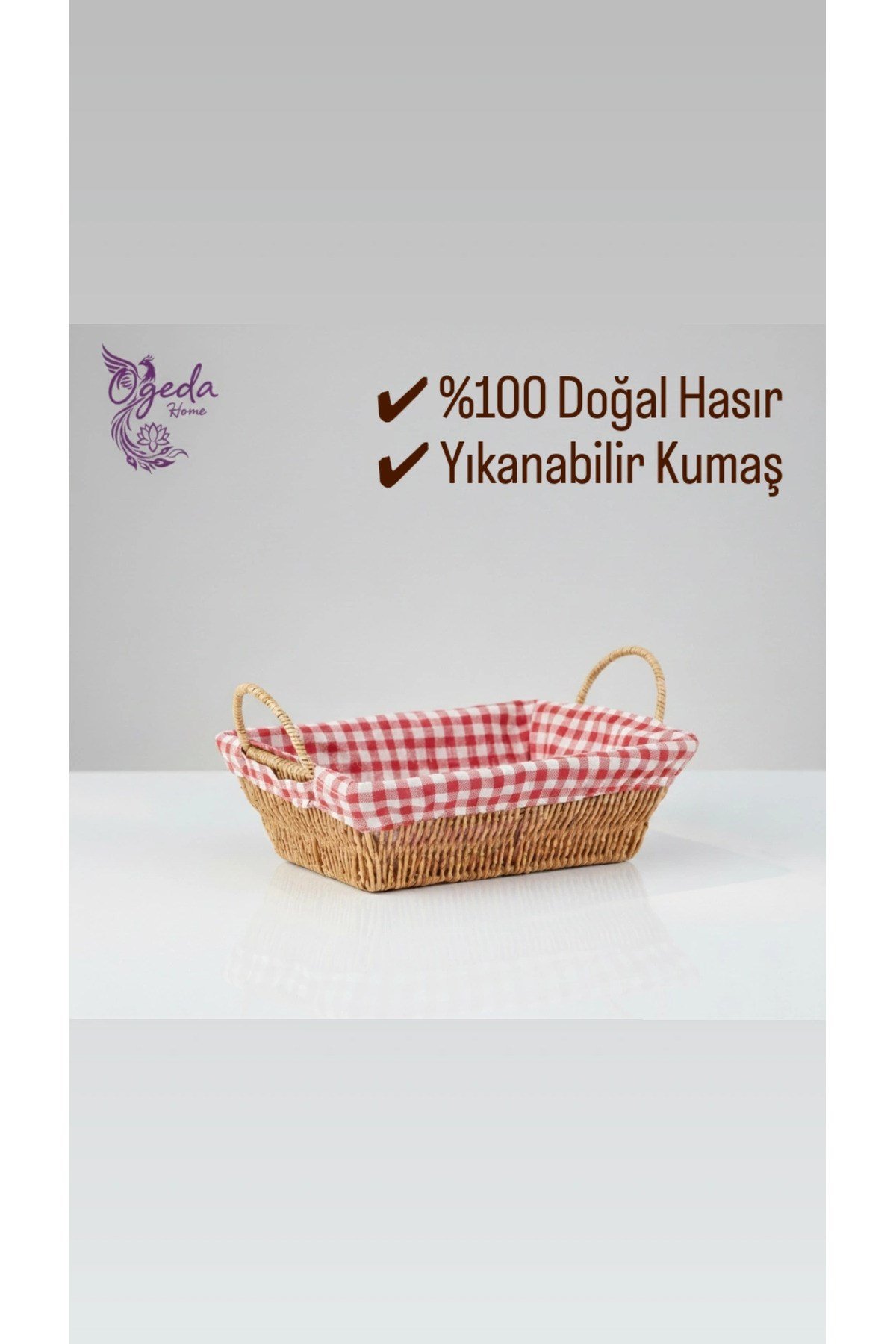 Hasır Ekmeklik Sepeti – Dikdörtgen Ekmek Sunum Sepeti 20×27 cm – Kumaşlı Hasır Servis Sepeti