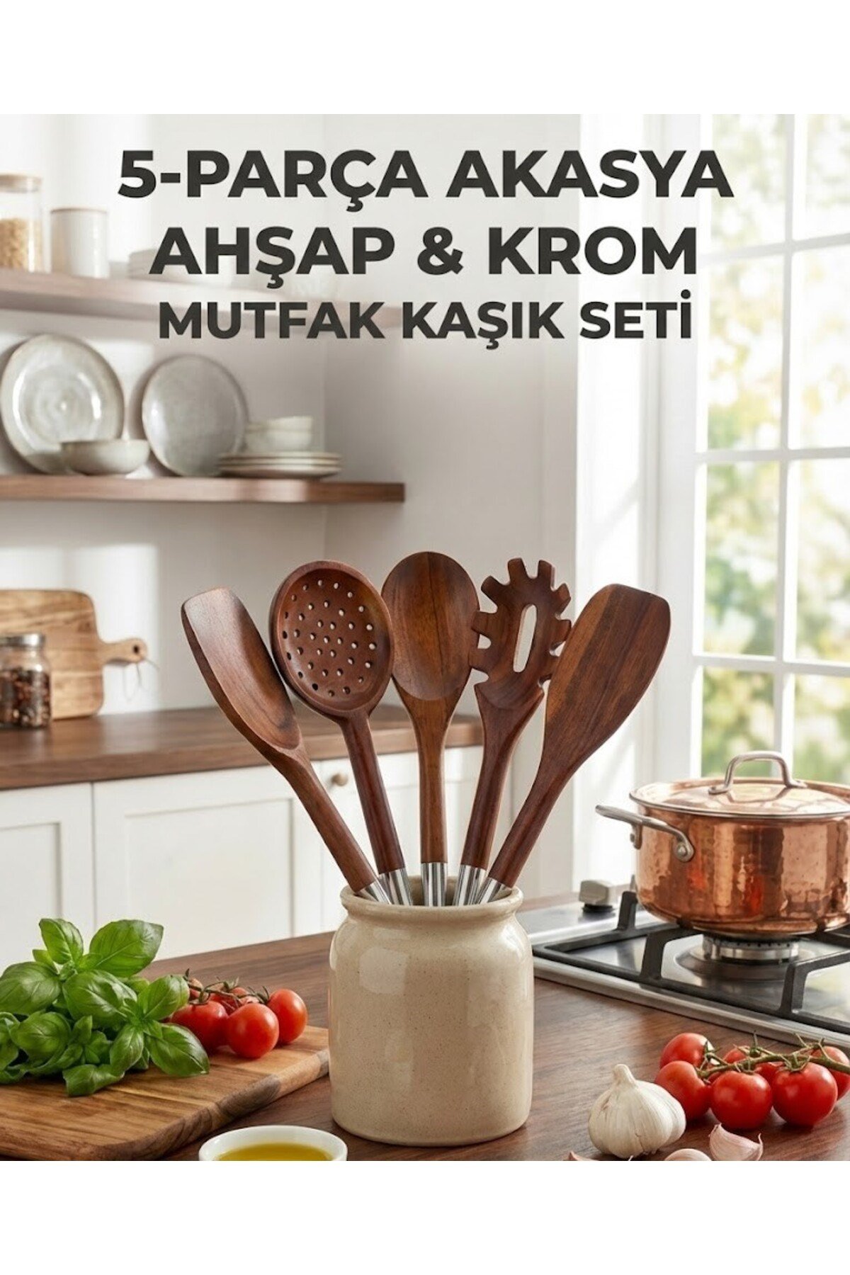 Mien 5 Parça Akasya Ahşap Mutfak Kaşık Seti – Krom Saplı - Doğal Ahşap Servis & Pişirme Kaşıkları