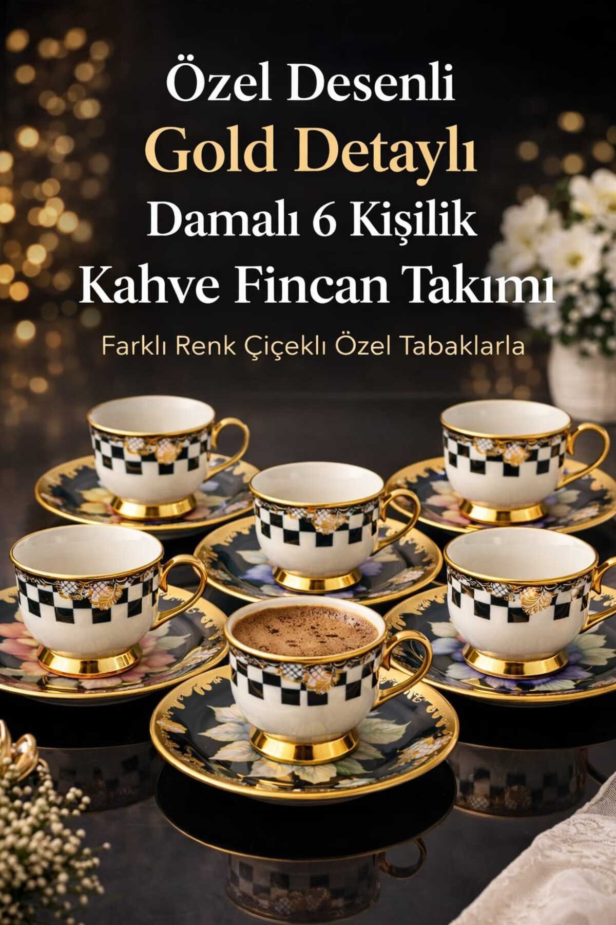 Porselen Gold Ayaklı Renkli Tombul Dama Desenli 6’lı Türk Kahve Fincan Takımı-Balsa Fincan Takımı