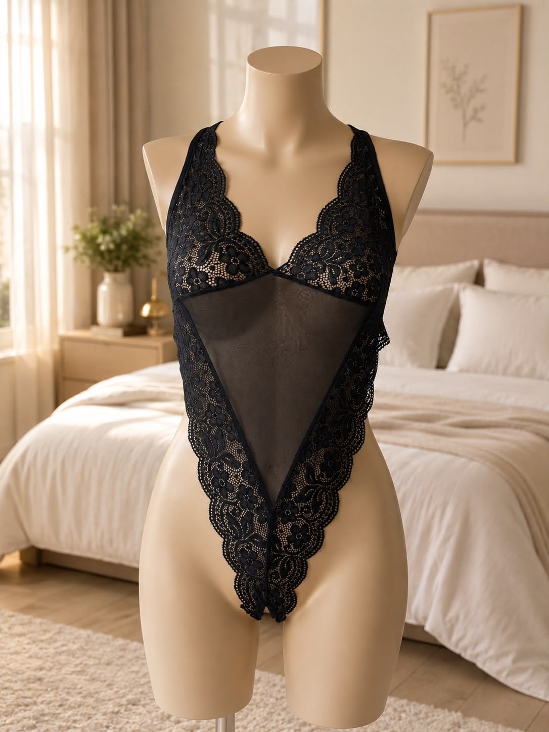Dantelli Transparan Siyah Bodysuit