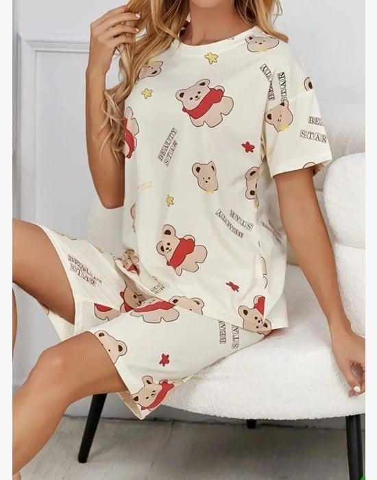 Krem Pamuklu Ayıcık Baskılı Şortlu Pijama Takımı
