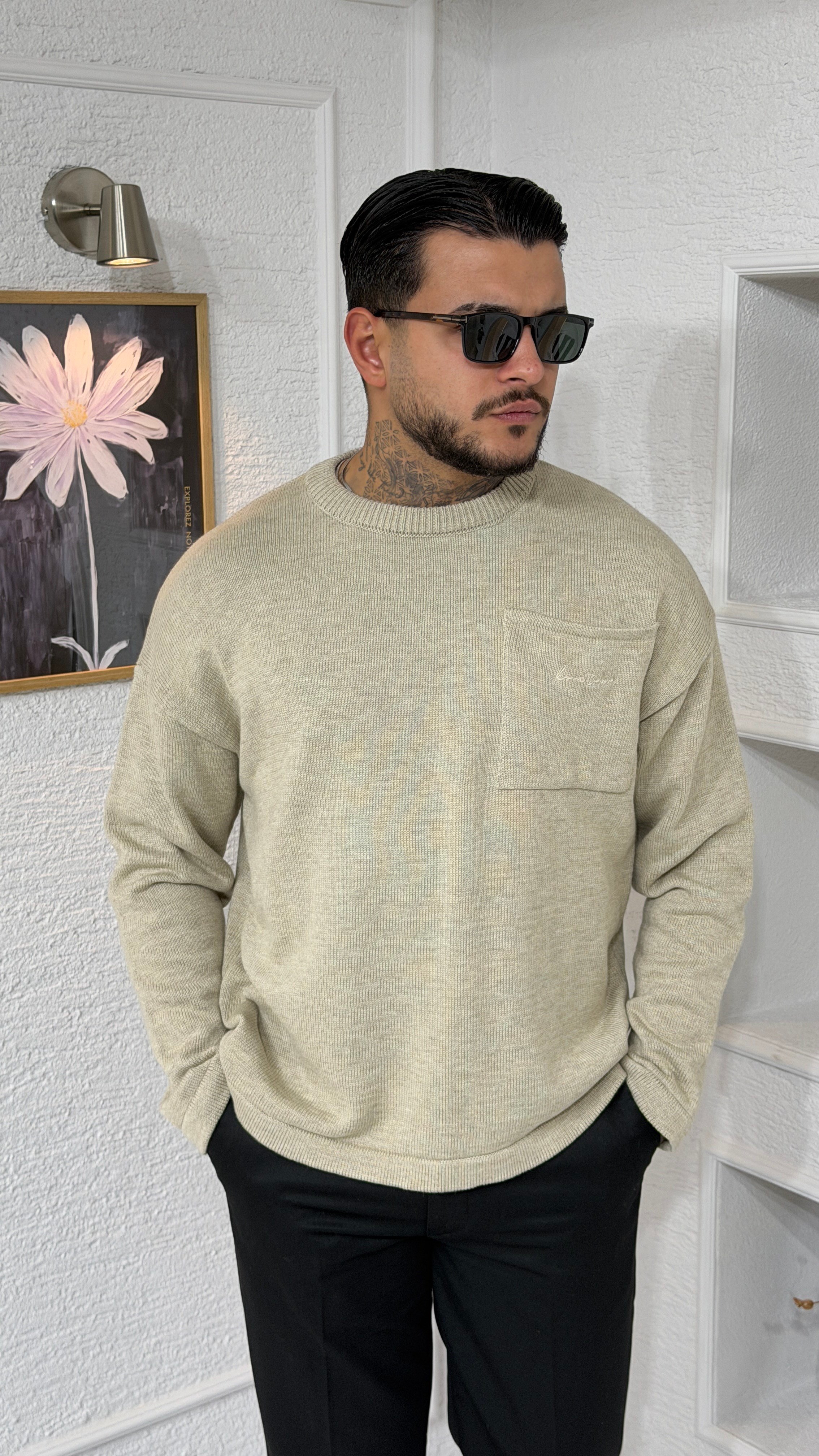 Bej Cepli Bisiklet Yaka Oversize Erkek Triko Kazak