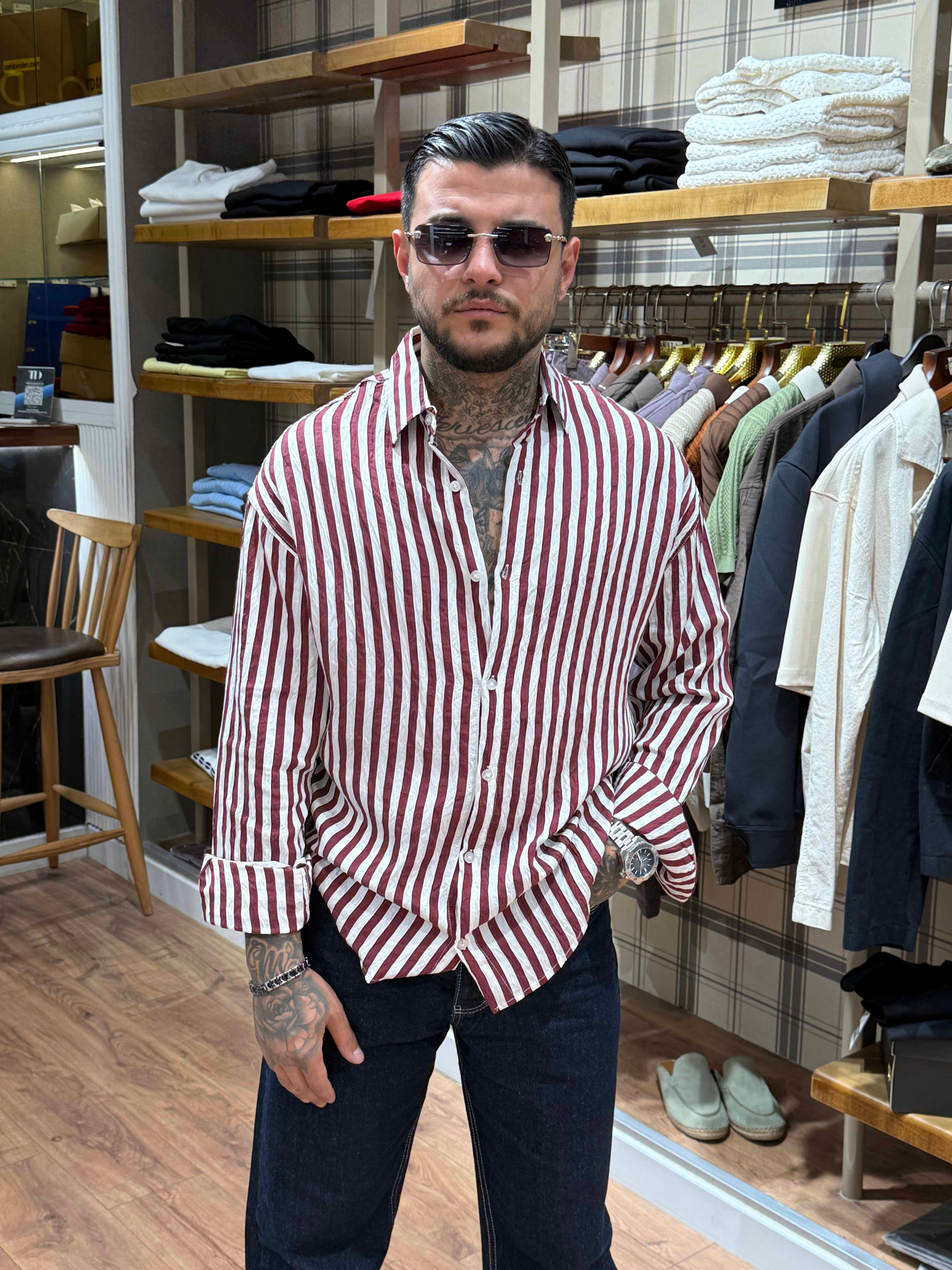Bordo Çizgili Gömlek
