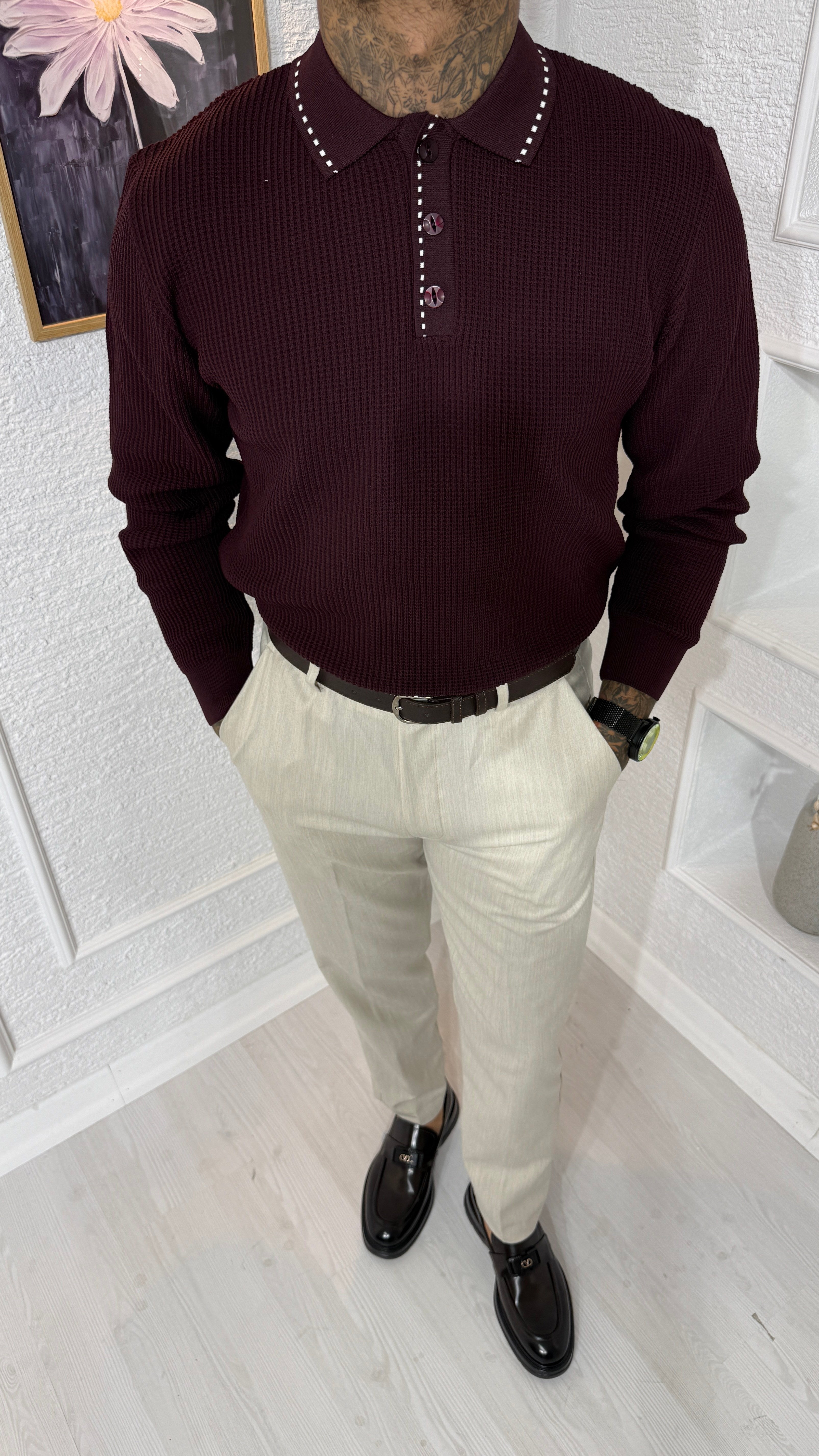 Bordo Kontrast Biyeli Uzun Kollu Triko Polo Yaka