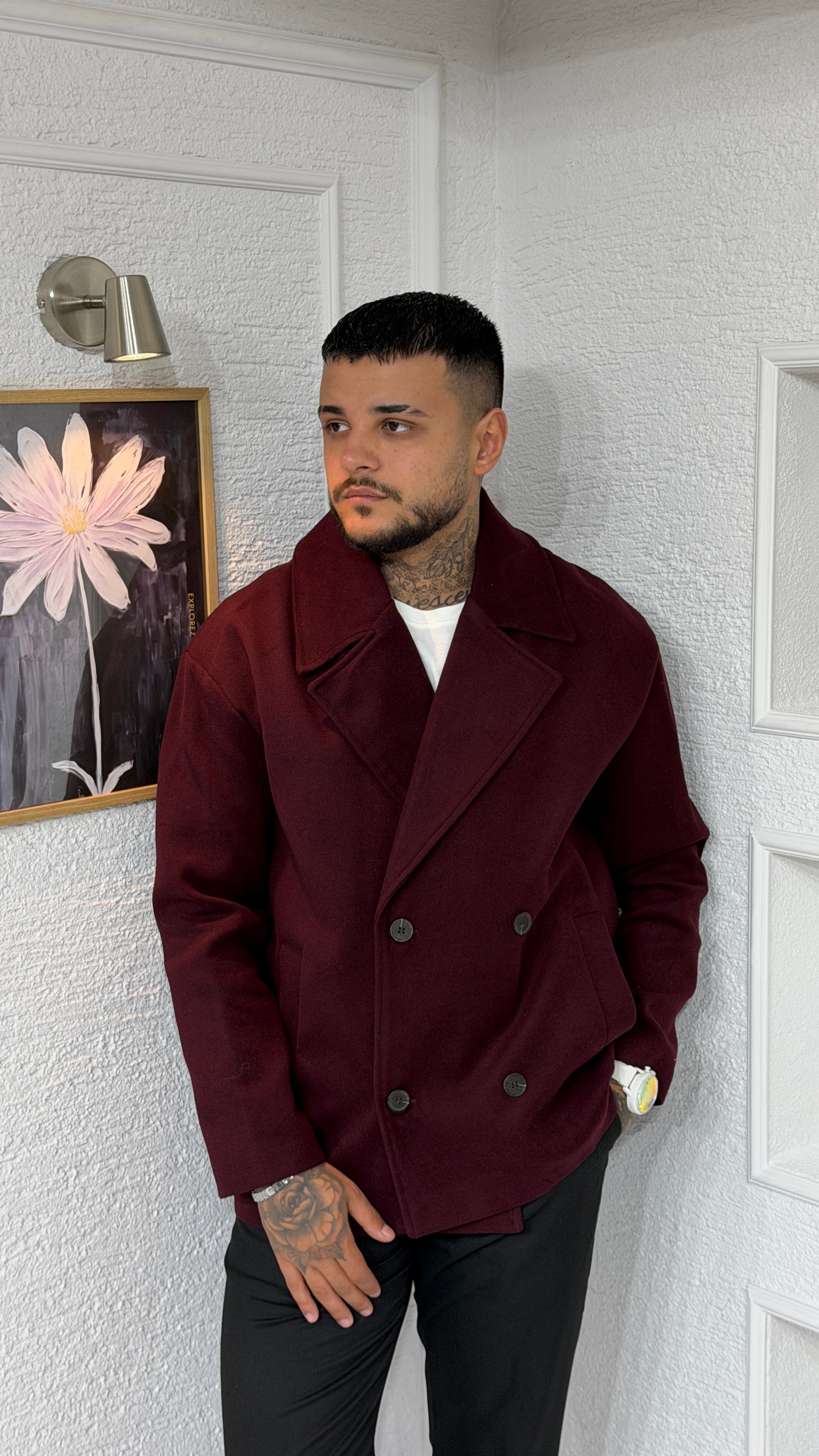Bordo Oversize Kruvaze Kaşe Ceket