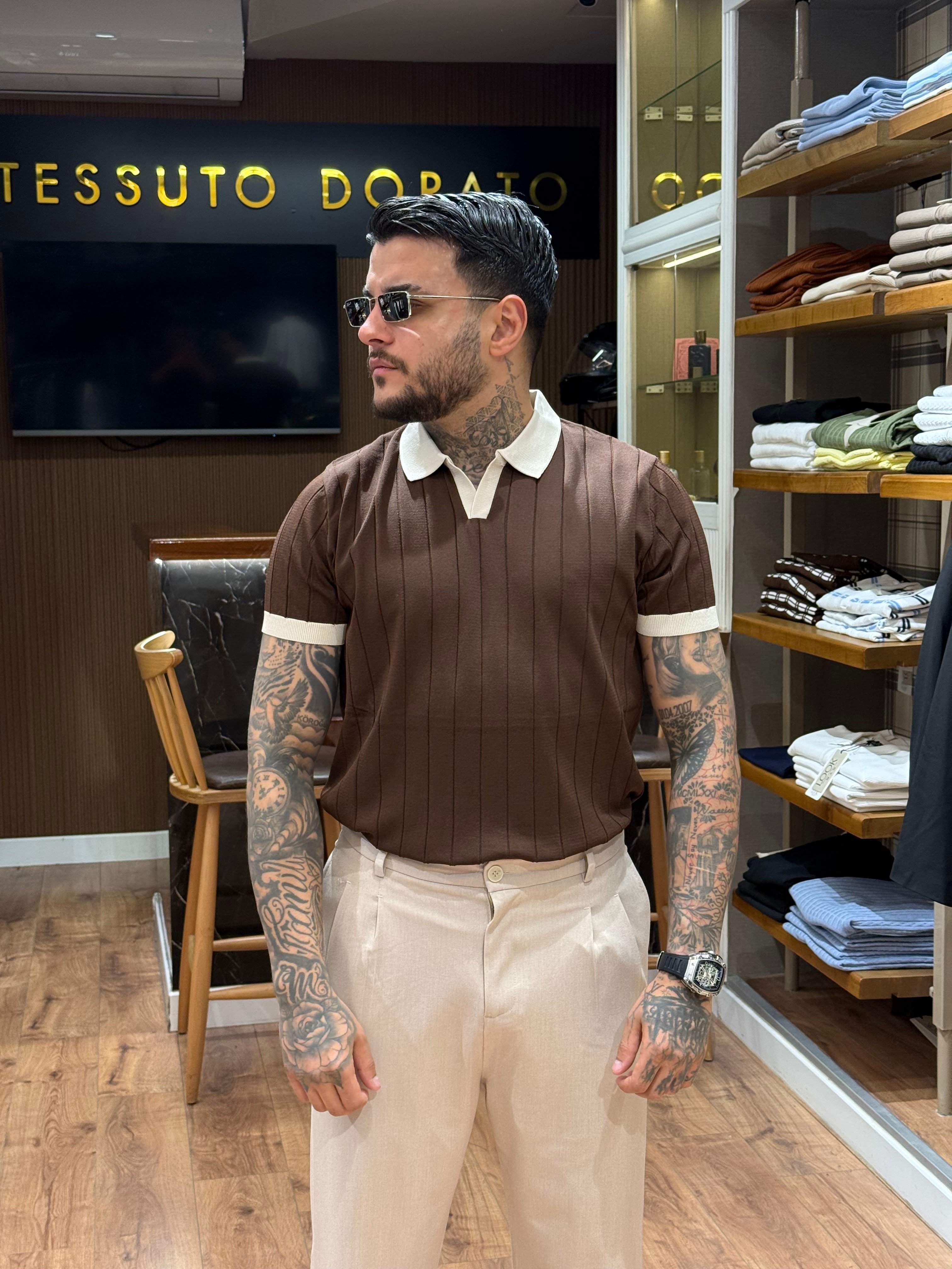 Classic Luxury kahverengi Polo Yaka