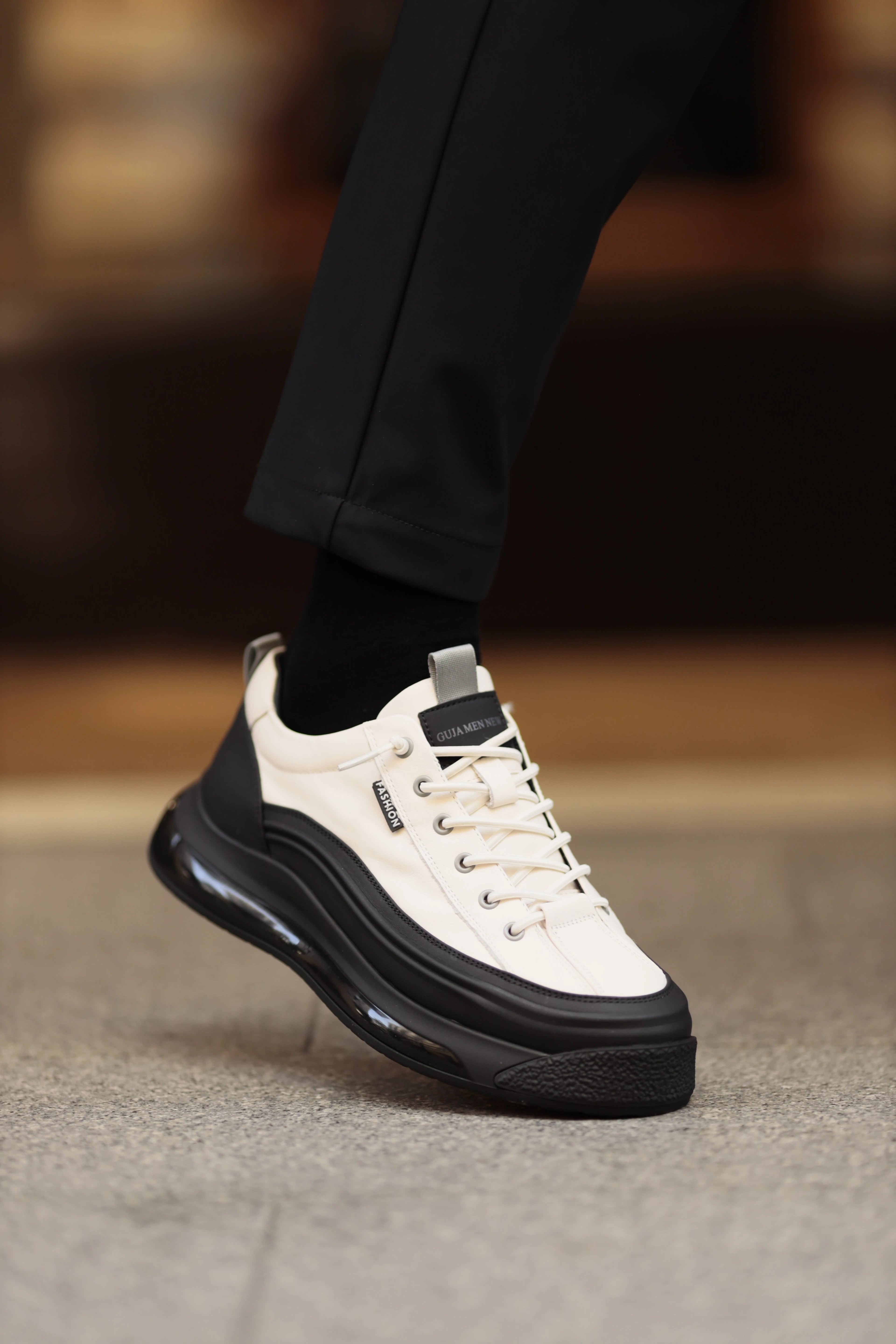 Jeremh Model Kombinasyonlu Deri İthal Taban Sneaker Ayakkabı - BEYAZ
