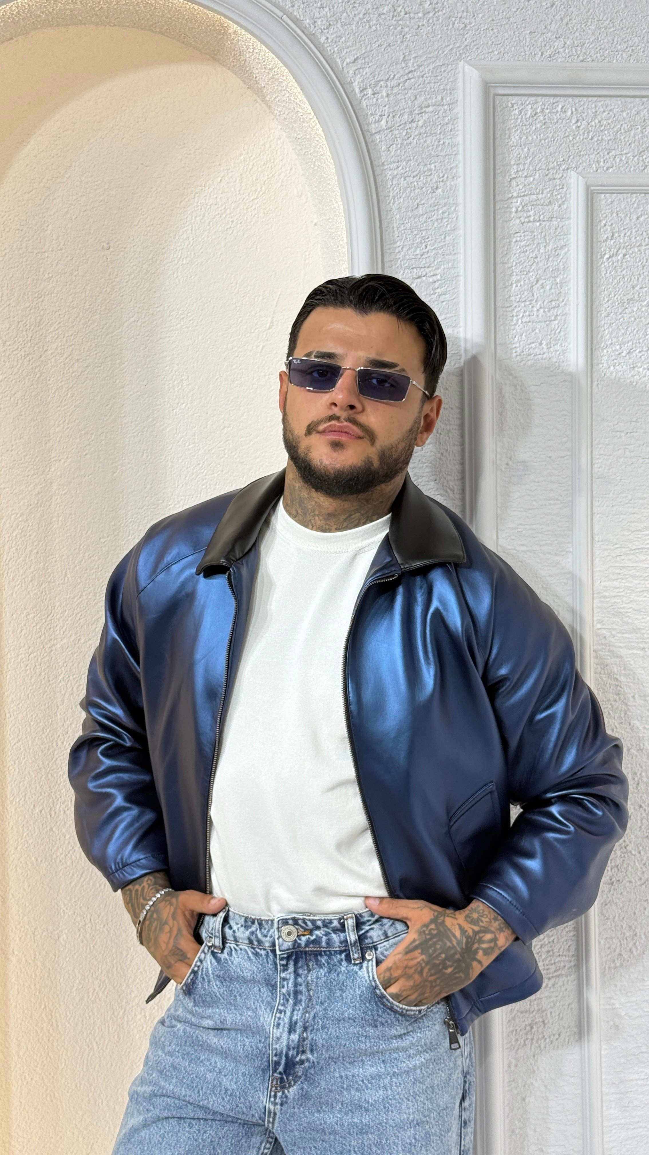 Lacivert Fermuarlı Oversize bomber Deri Ceket