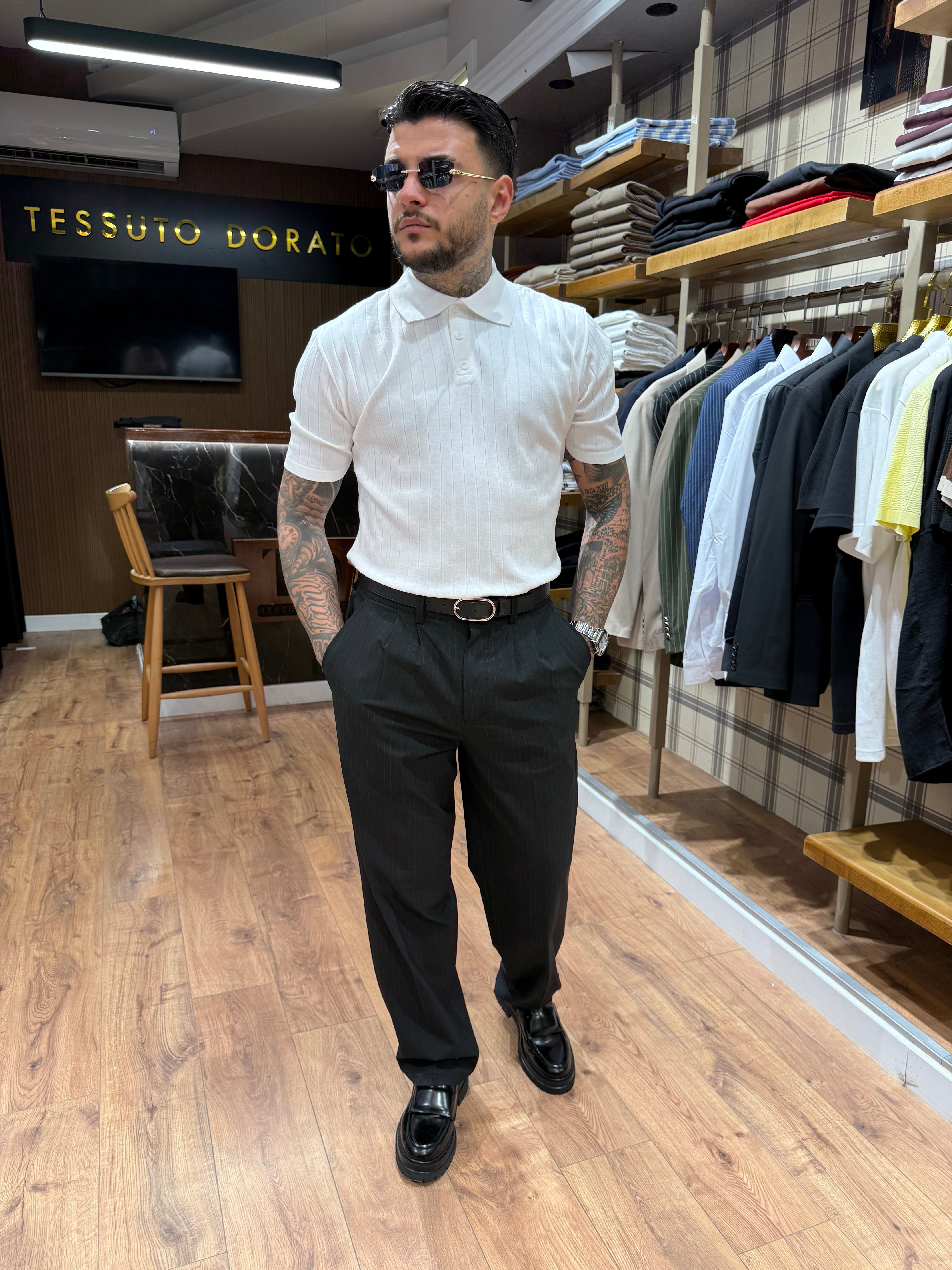 Premium Beyaz Fitilli Polo Yaka Triko Tişört