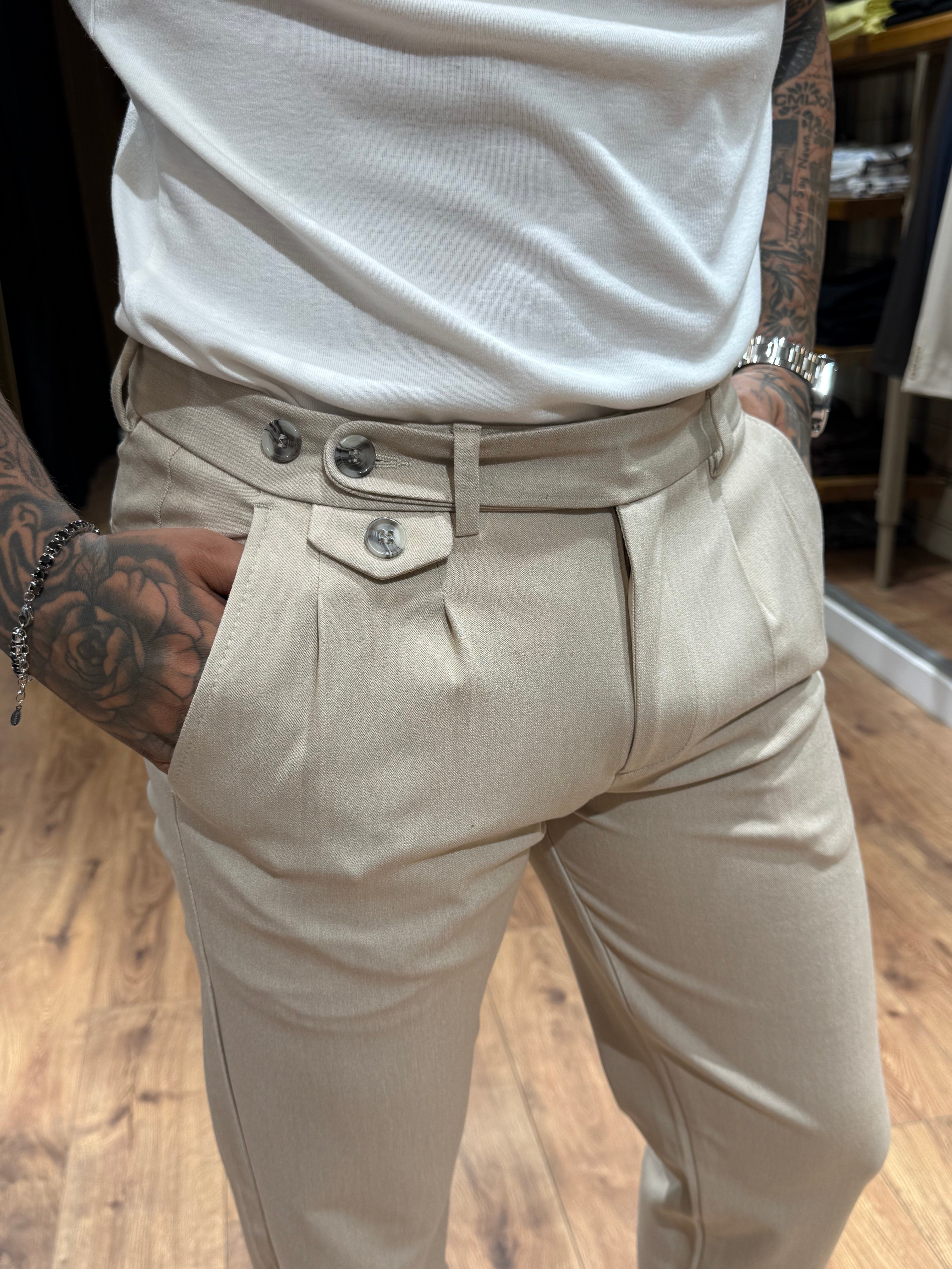 Premium Taş Rengi Çift Pileli Kumaş Pantolon