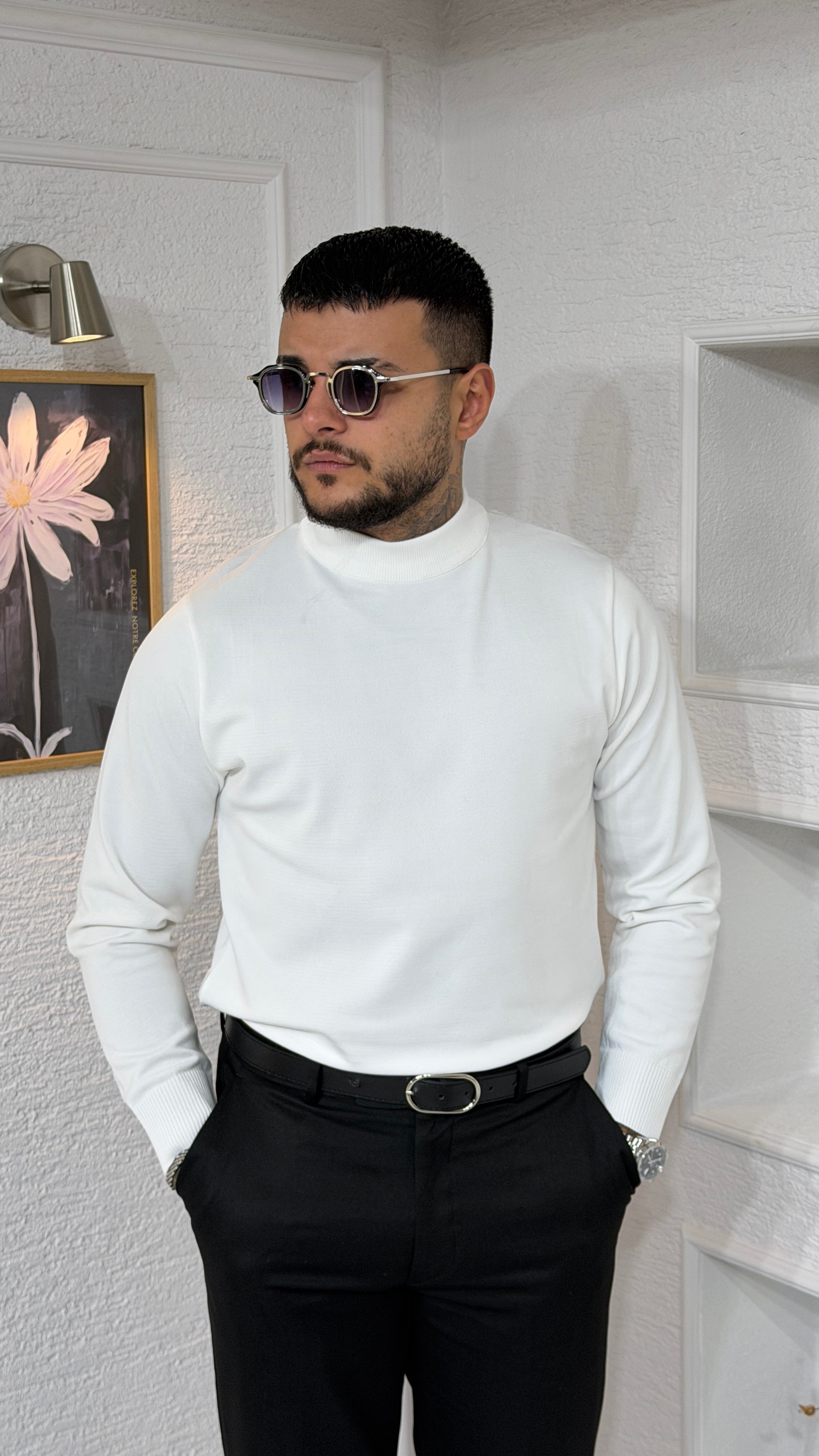 Siyah Dik Yaka Slim Fit Erkek Triko Kazak