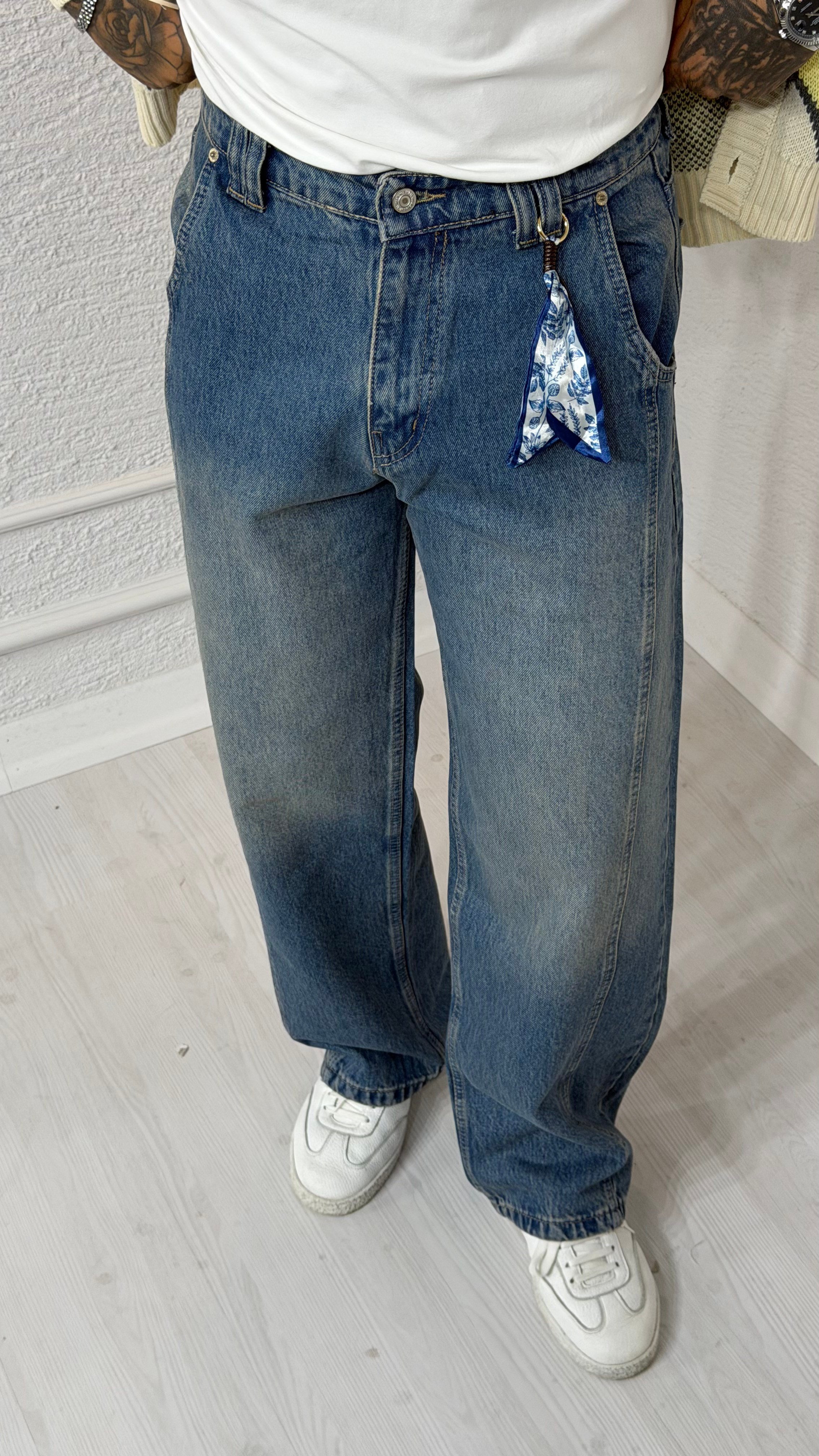Vintage Yıkamalı Baggy Fit Yüksek Bel Paça Lastikli Jean Pantolon