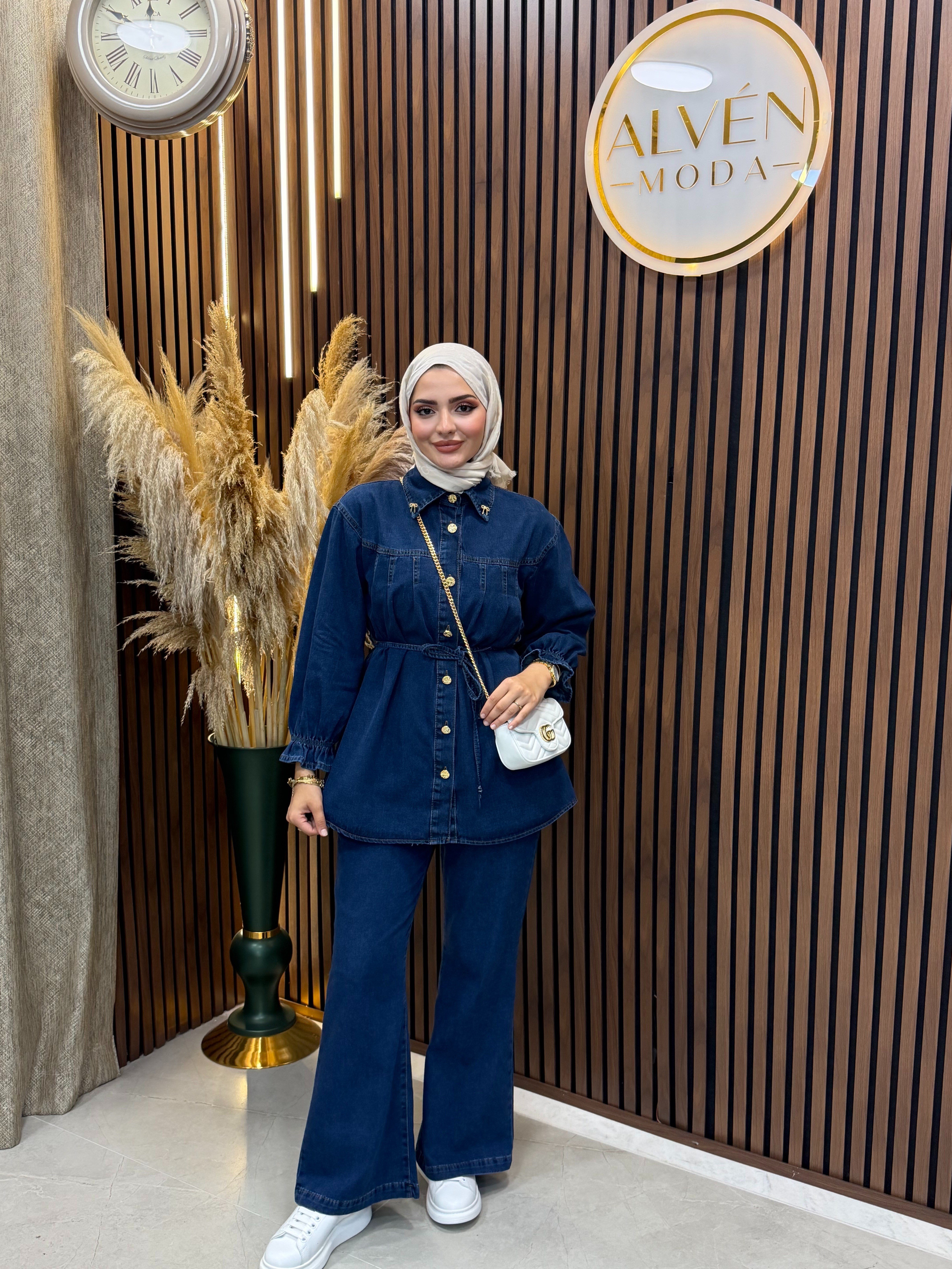 Evin Kadın Denim Kot Takım Kuşaklı Gömlek Pantolon Gold Düğme Detaylı | Lacivert