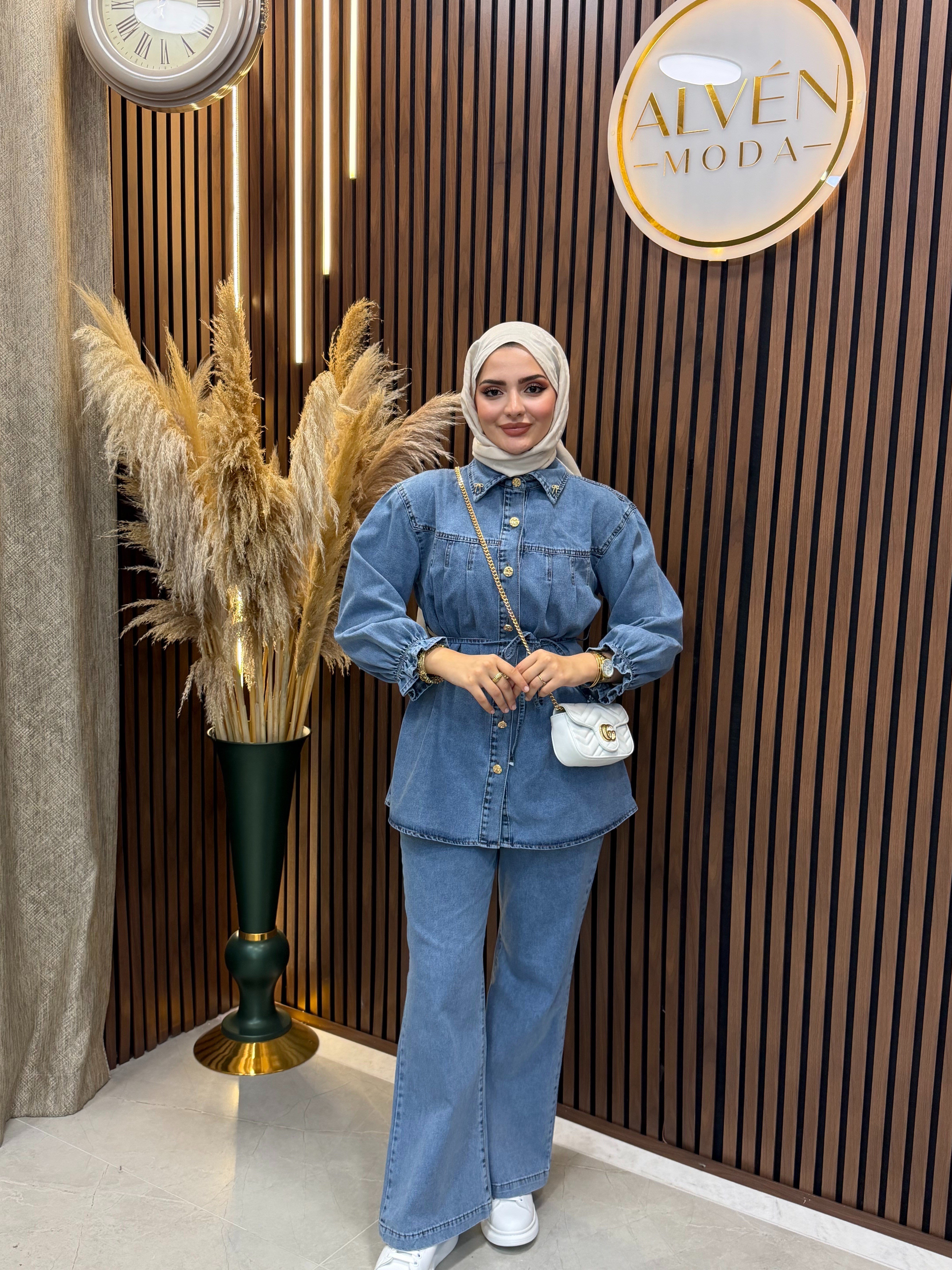 Evin Kadın Denim Kot Takım Kuşaklı Gömlek Pantolon Gold Düğme Detaylı | Mavi