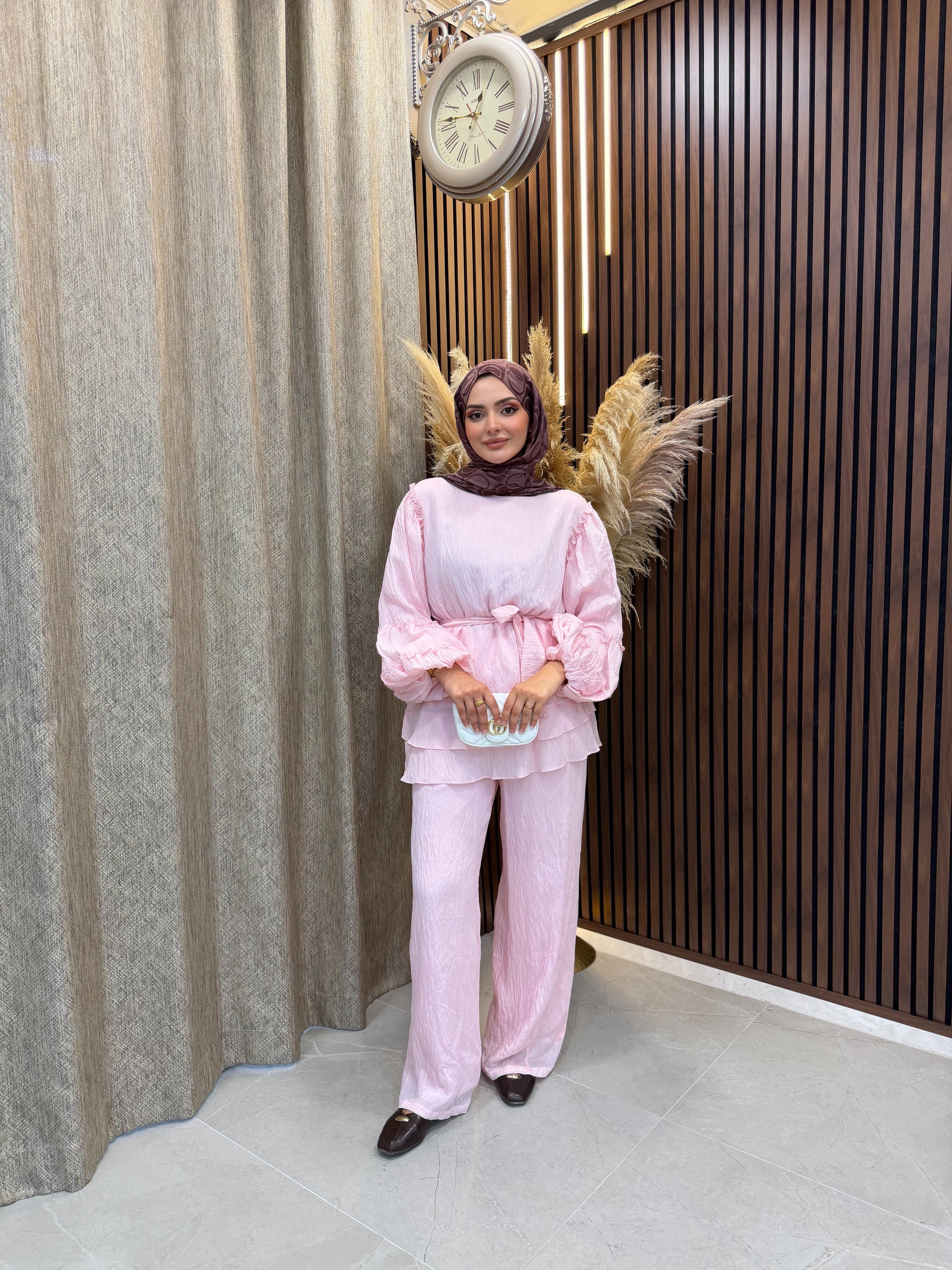 Vina Kat Kat Fırfır Detaylı Kuşaklı İkili Takım | Pembe