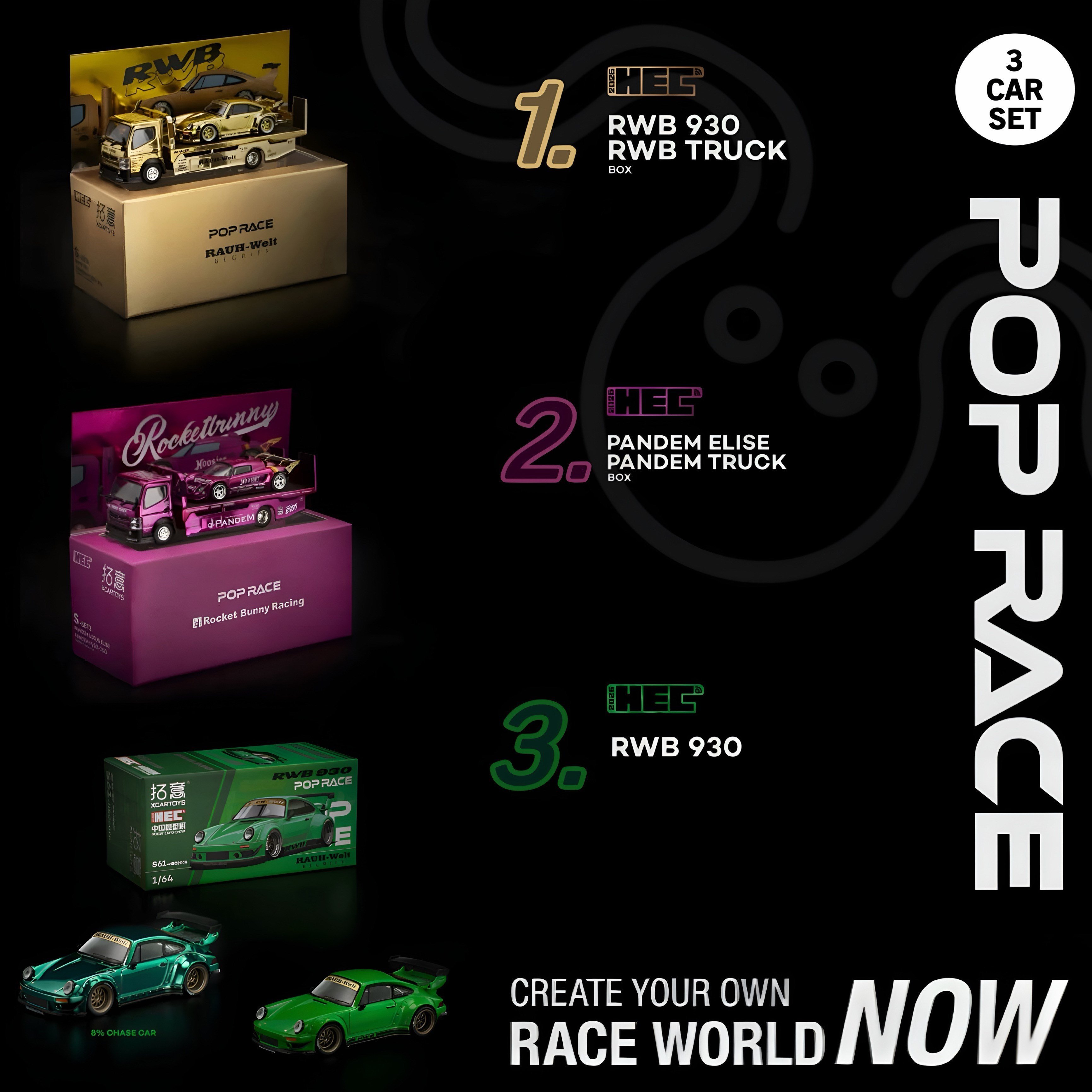POP RACE 1/64 HEC Expo 2026 Exclusive 3 Car Set POP RACE SET İÇERİĞİ:  1. PANDEM Rocket Bunny Elise and Fuso Truck Set -Purple Chrome *HEC 2026 Exclusive  2. RWB 930 & Fuso Truck Set -Gold Chrome *HEC 2026 Exclusive  3. RWB 930 -Green *HEC